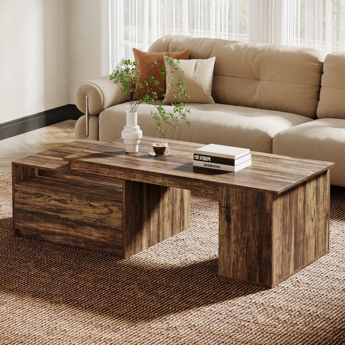 Tribesigns Extendable Coffee Table, 47"-70" Length Wooden Center Table with Drawer, Reversible Farmhouse Cocktail Table with Storage for Living Room, Rustic Brown