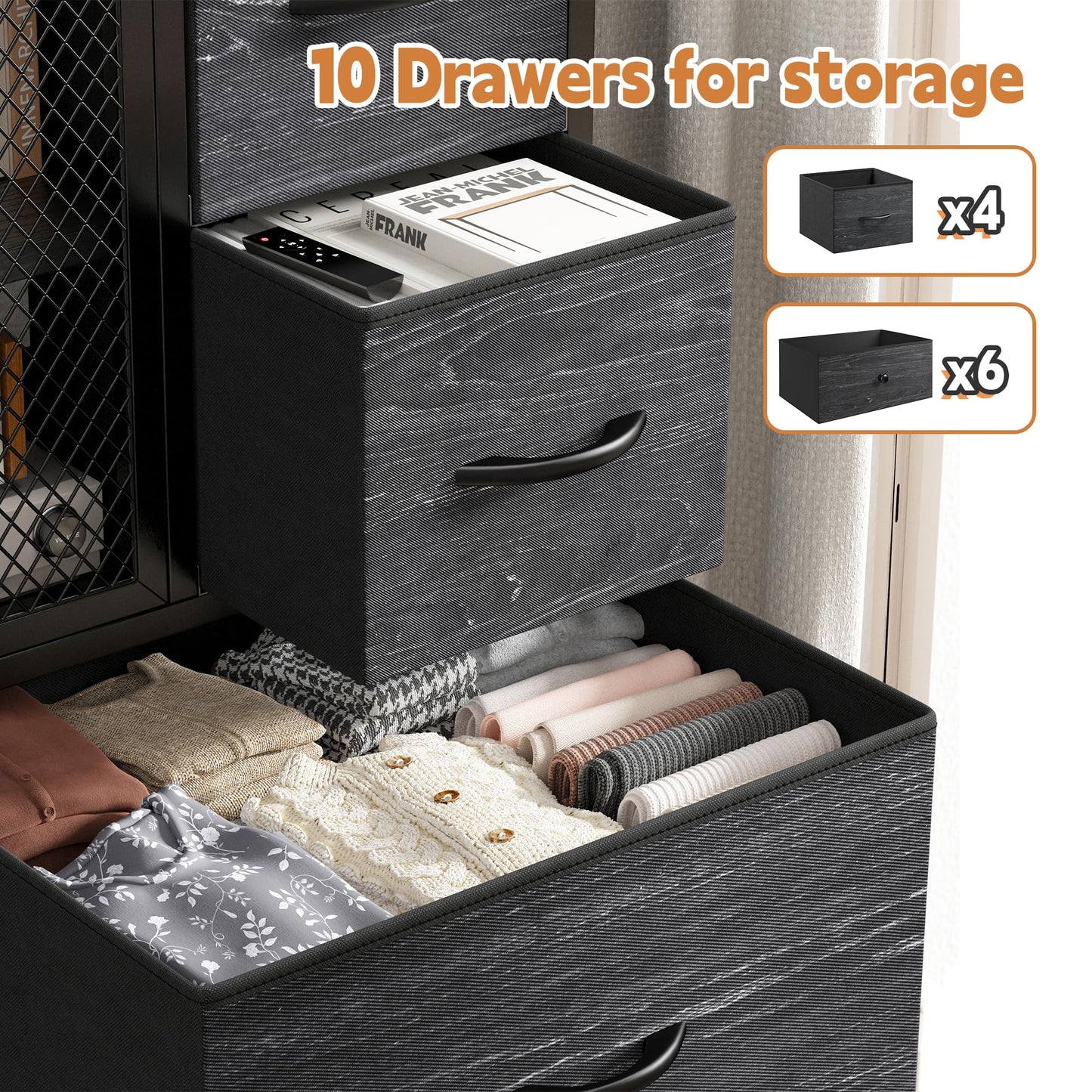 Dresser for Bedroom with Mesh Door Black Dressers & Chests of Drawers Tall Dresser with 10 Fabric Drawers, Metal Frame, Wood Top, for Closet, Entryway, 48.1" Hx38 Wx11.81 D