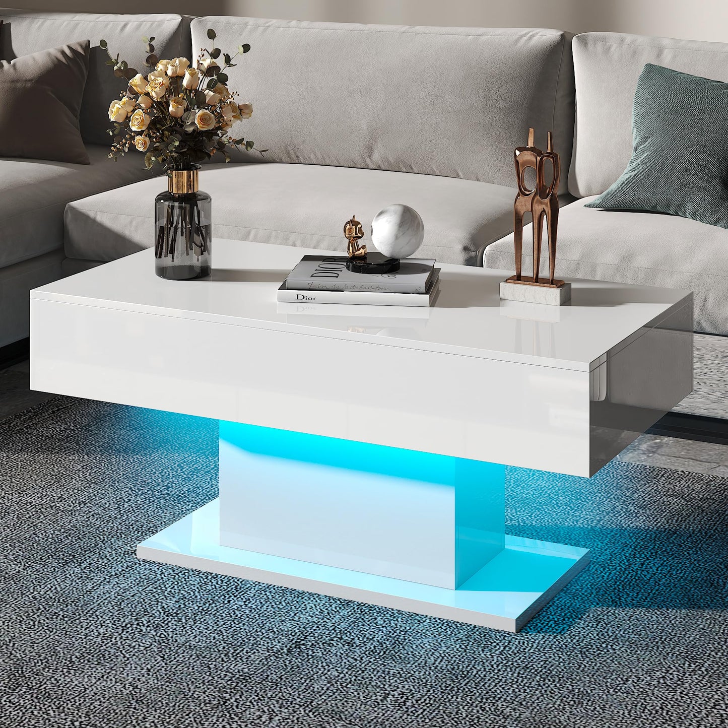 HedoAjim Led Coffee Table for Living Room, Living Room Table Rectangular Center Table, Modern High Glossy Wooden Coffee Tables with 16 Colors LED Lights for Dining Reception Room, White