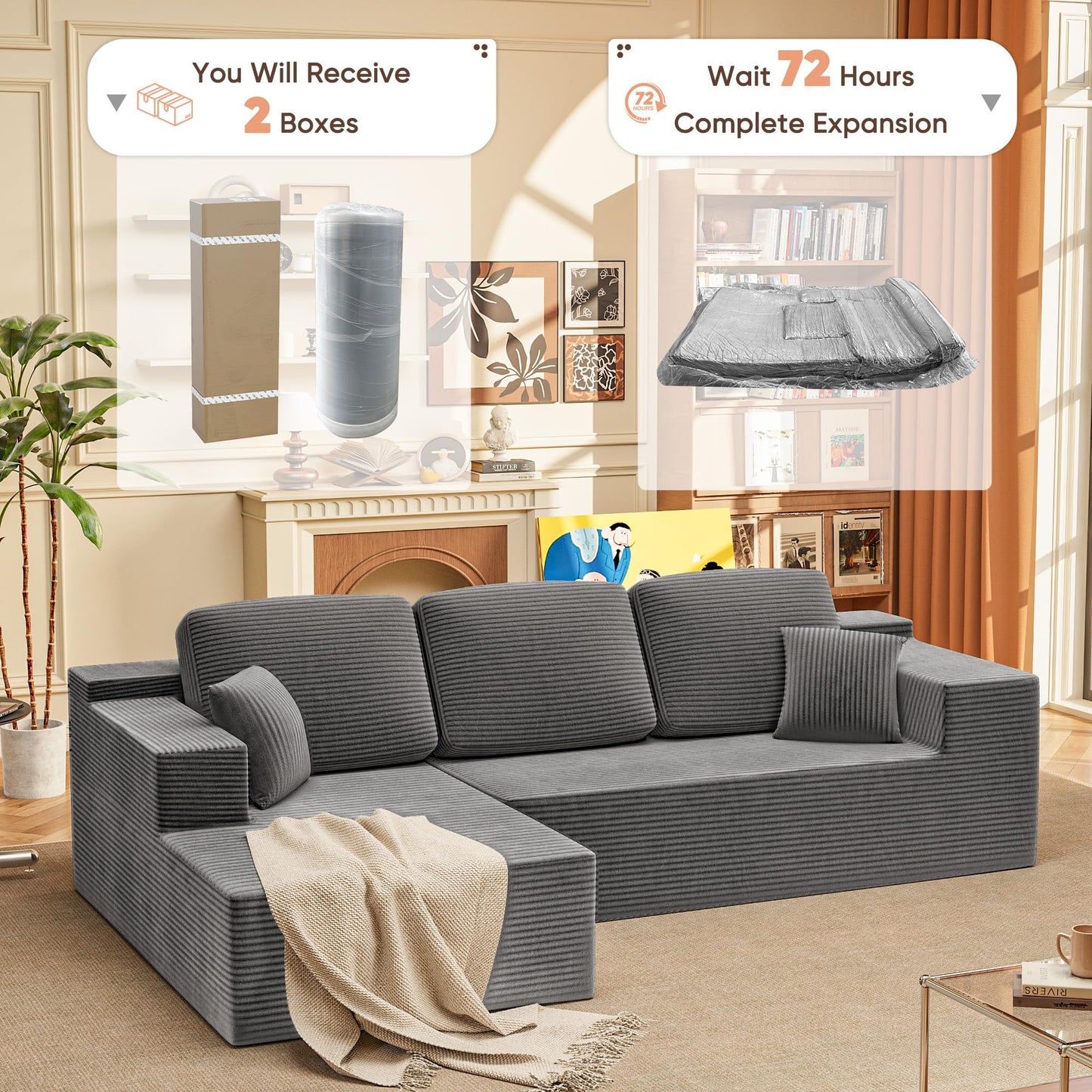 Homall 108" Modular Sectional Sofa, Boneless Couch with L-Shape Chaise, Cloud Couch with Deep Seat Upholstered, No Assembly Required for Living Room, Bedroom (Corduroy, Grey)