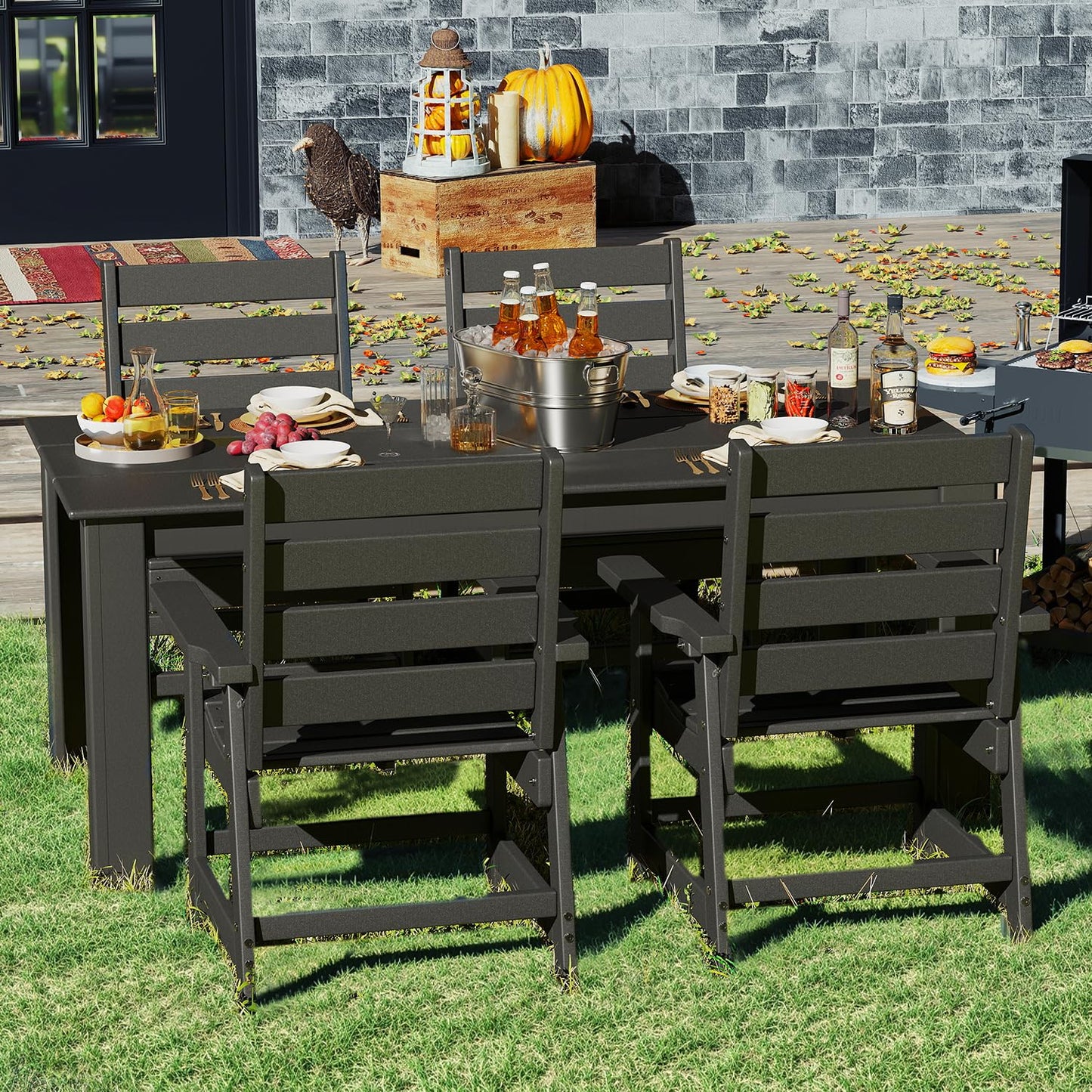 GREENVINES Patio Chair | Outdoor Dining Chairs Set of 2 | HDPE Plastic | Armrests | All Weather | QuadraLuxe | Black | for Backyard Deck Poolside Garden
