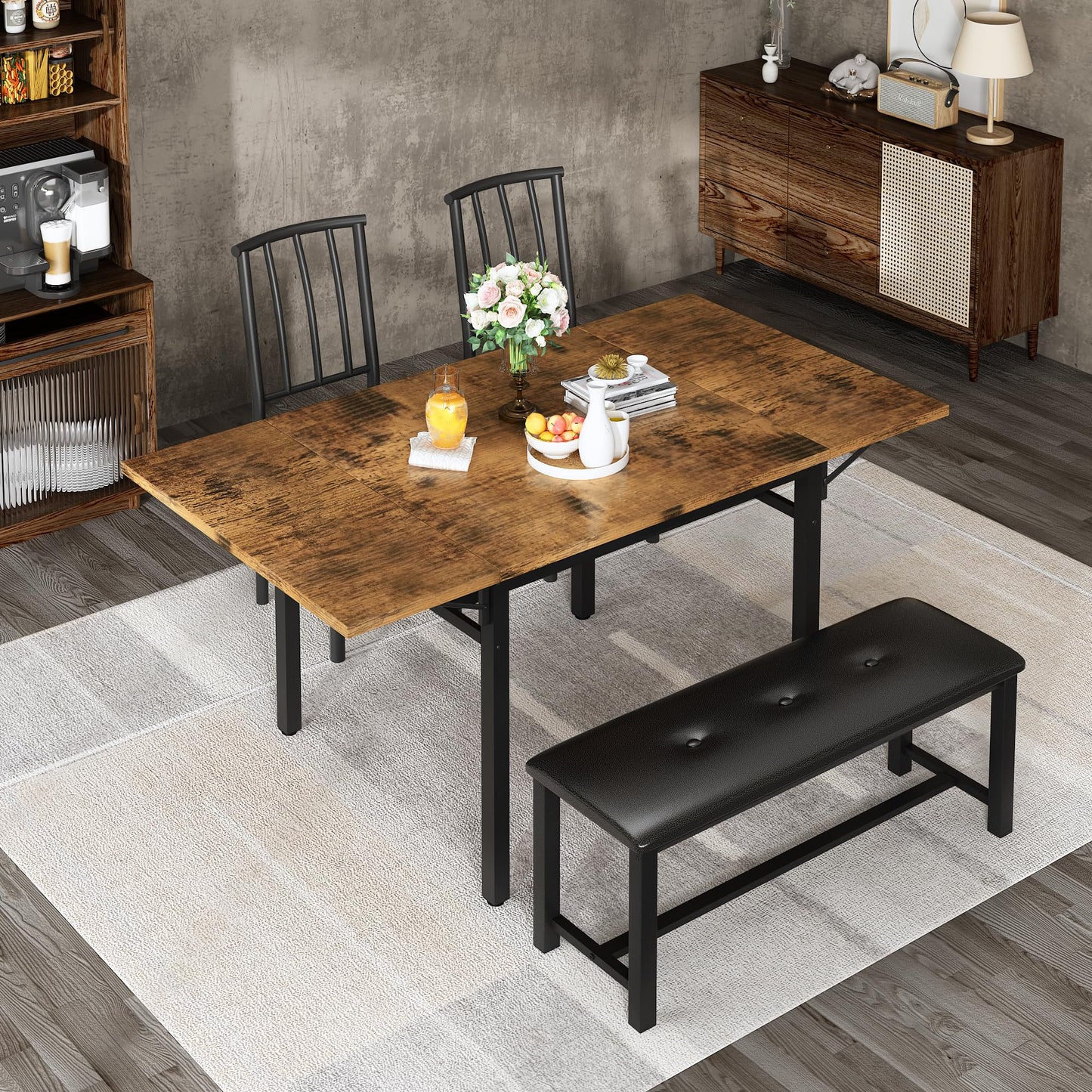 AWQM 4-Piece Faux Wood Drop Leaf Dining Table with Storage Rack, Space Saving Breakfast Nook Table Set with 2 Backrest Chairs and 1 Upholstered Bench, Kitchen Dining Table and Chairs Set for 2-4