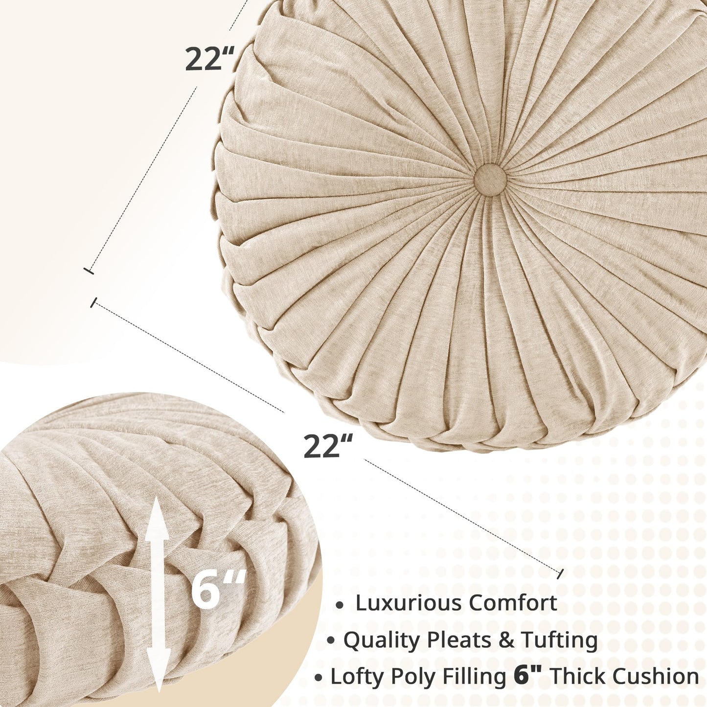 Intelligent Design Loretta Chenille Round Floor Pillow Meditation Cushion, Soft Color & Natural Luster Button Tufted with Elegant Pleated Details, Dia 22"x6"H, Ivory