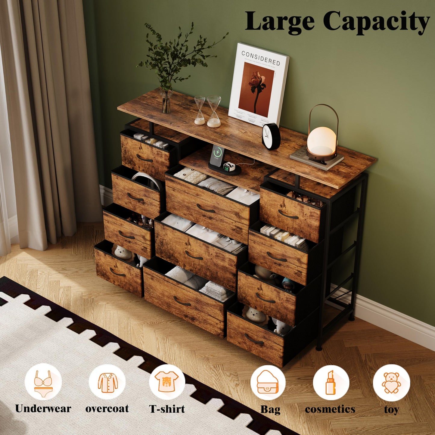 LUMTOK 11 Drawers Dresser with Fabric Drawers,Charging Station, LED Lights and Shelves for Bedroom Storage Organization (Brown)