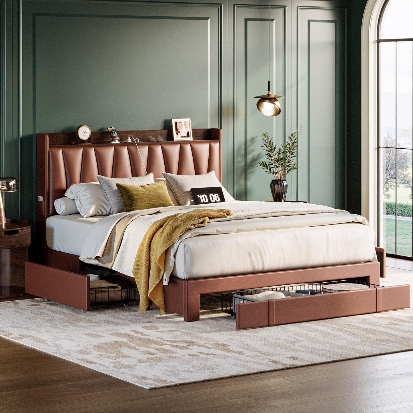 ANCTOR Queen Bed Frame with 3 Drawers, Storage Headbord with Charging Station, Platform Storage Bed Frame for Bedroom, Living Room, No Box Spring, Faux Leather, Brown