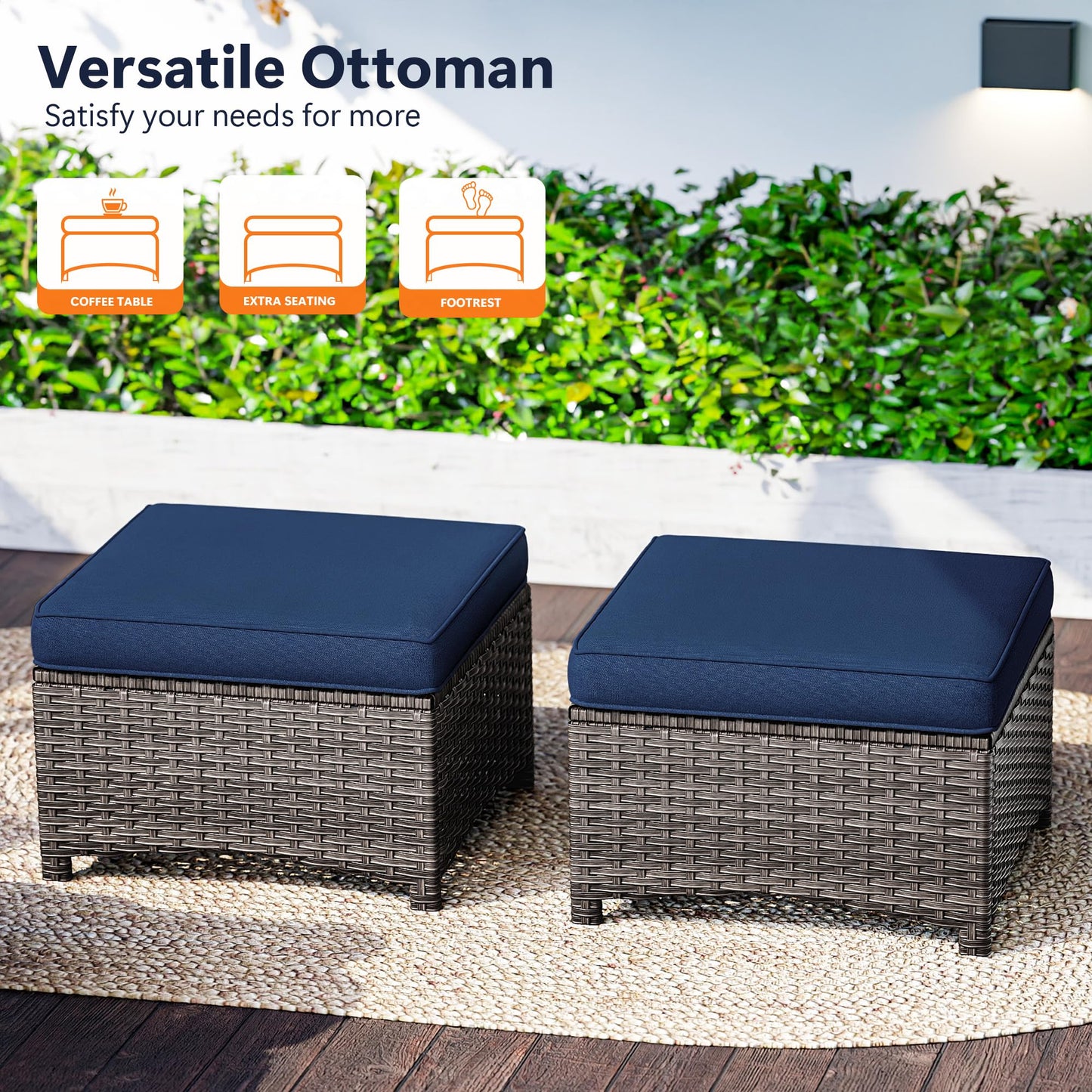 MaxMulti 2 Pieces Patio Ottomans, Outdoor Wicker Footrest Seat with Removable Cushions, Multipurpose Patio Furniture for Outdoor, Backyard and Deck Use (Blue)