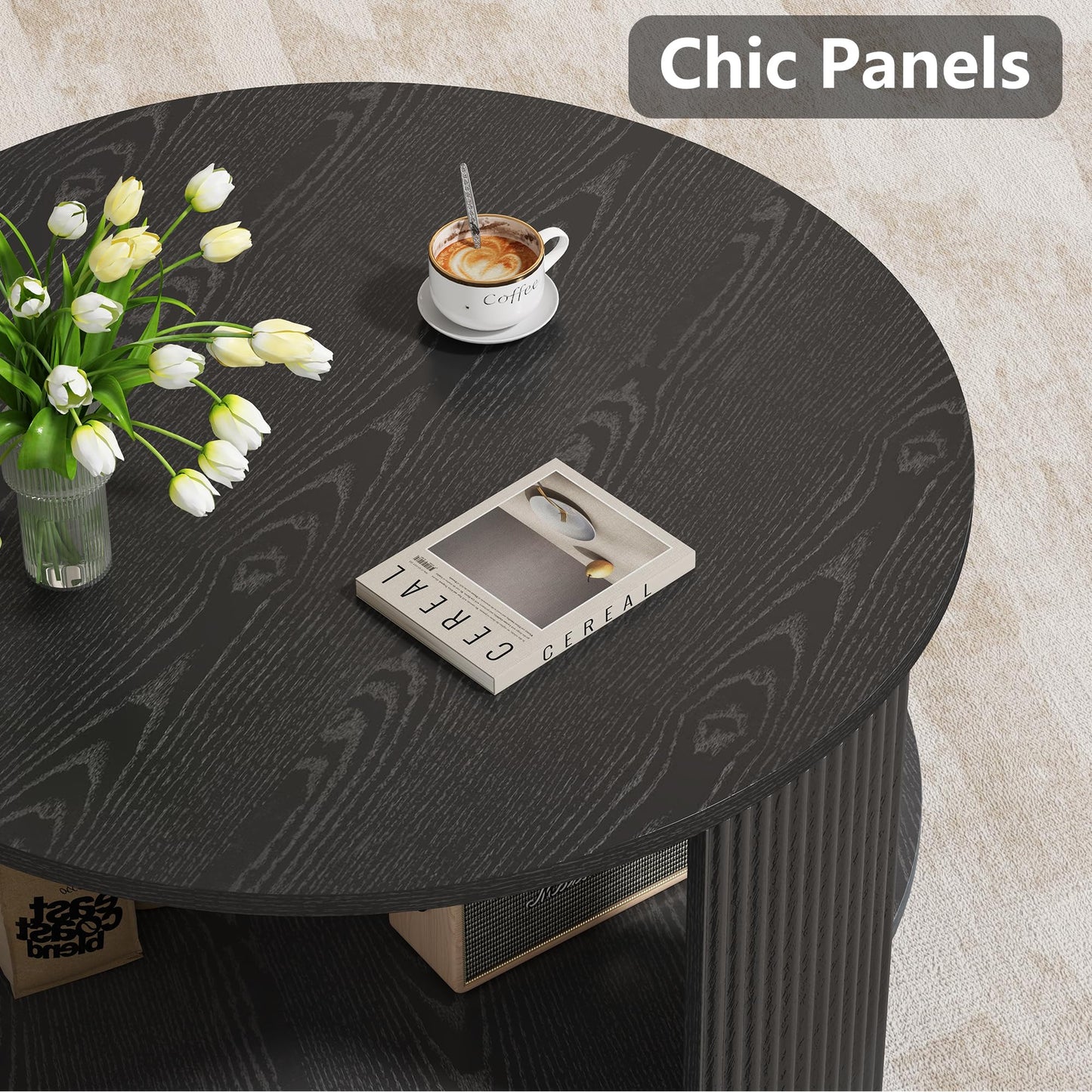 Furniouse Round Coffee Table 31.5''in Modern Coffee Table with Fluted Legs, 2 Tier Circle Wood Coffee Table with Storage for Living Room, Black