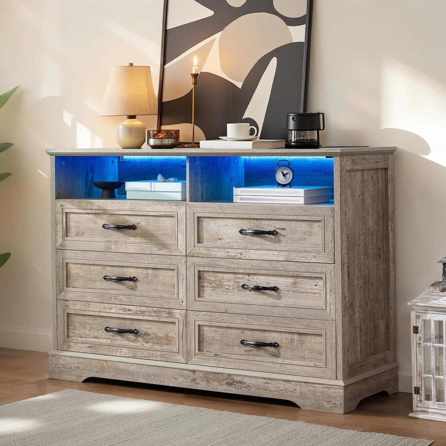 Homkdom Dressers for Bedroom,6 Drawers Dresser with LED Light,Power Outlets and Open Shelves,Chests of Drawers for 65 inch TV, for Hallway, Entryway, Light Rustic Oak