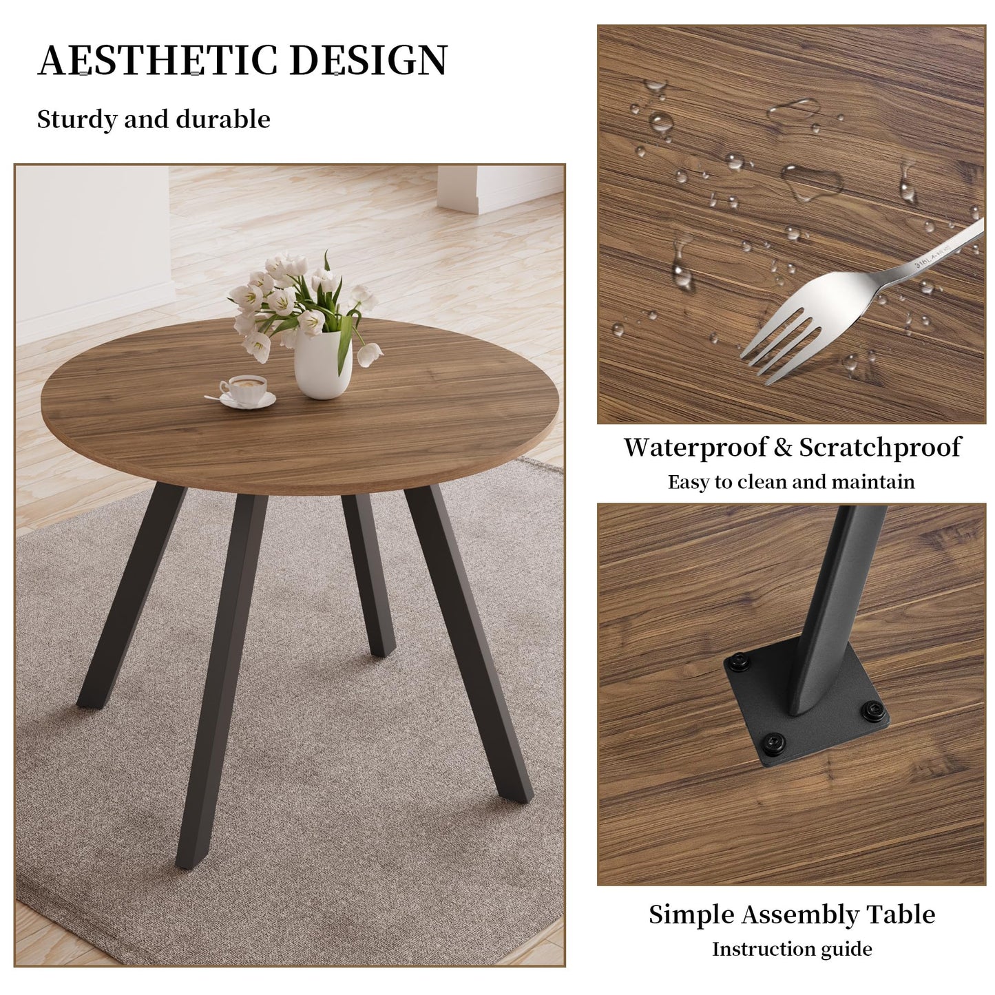 Zerifevni 34.6'' Round Dining Table and Chairs for 4 Space Saving for Apartment Kitchen Dining Room (Walnut Table+4 Black Chairs)