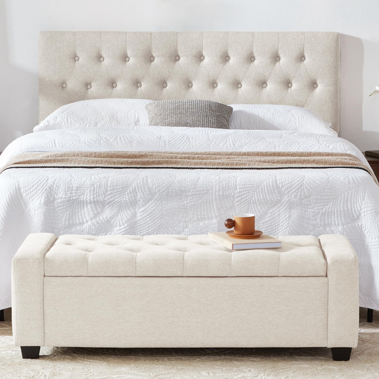 Huatean Home Ottoman with Storage, Storage Ottoman Bench with Safety Hinge, Upholstered Entryway Bench with Seating for Bedroom, Living Room, Holds up to 330 lb, Beige