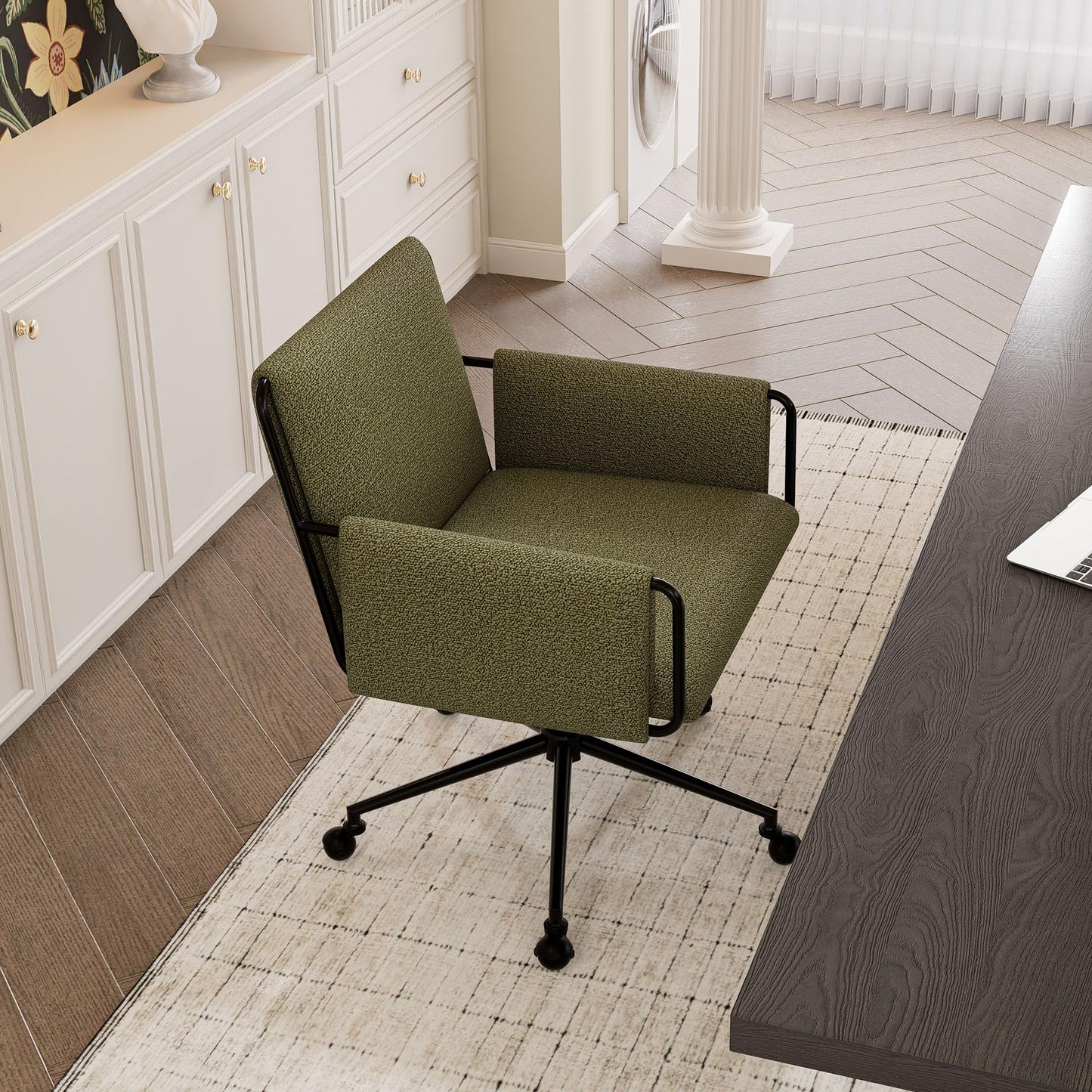 YOUTASTE Wide Office Chair with Wheels, Comfy Modern Rolling Swivel Desk Chair with Green Bouclé Fabric, Backrest, Armrests, 300 lbs Capacity, Ideal for Makeup Vanity, Computer, Study & Bedroom