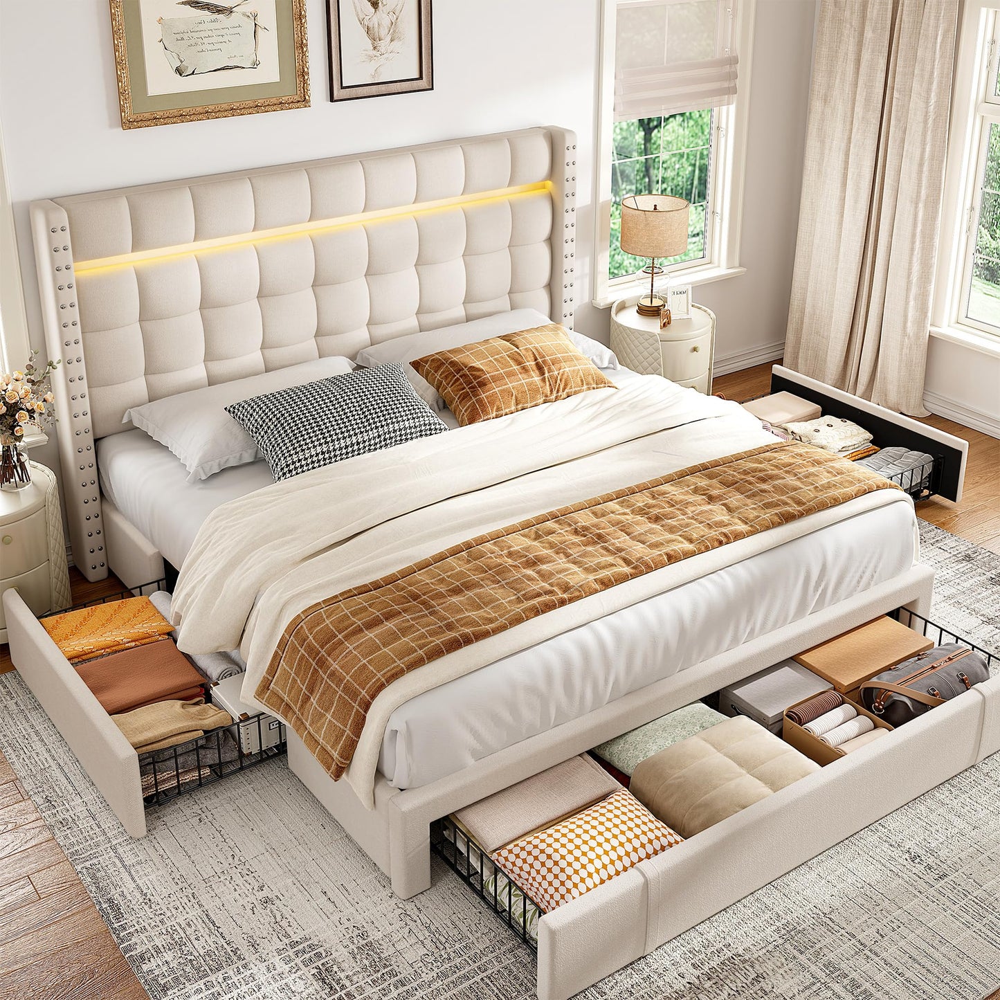 EnHomee Queen Bed Frame with 3 Storage Drawers Upholstered Bed Frame Queen Size with LED and Adjustable Headboard Noise Free No Box Spring Needed Easy Assembly, Beige