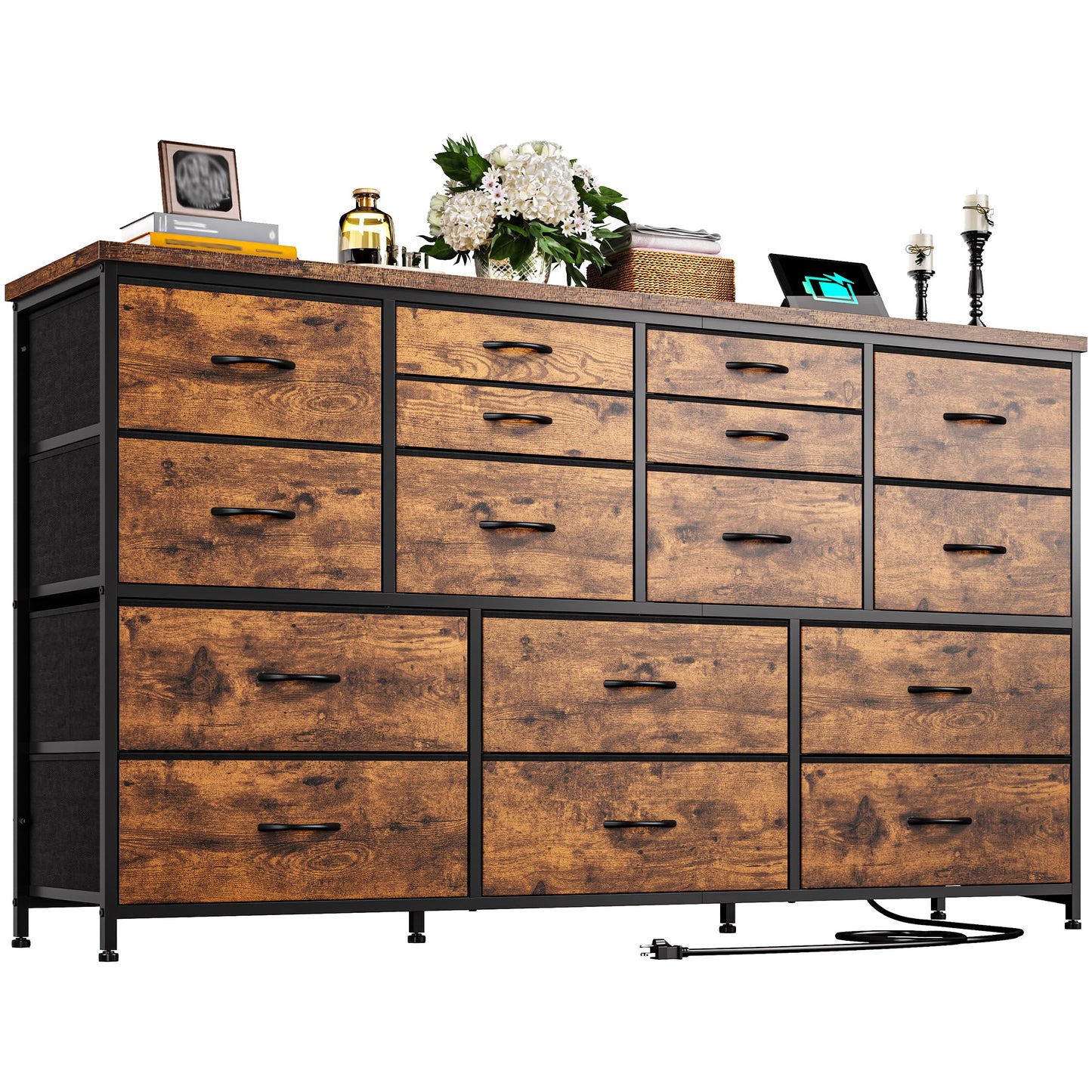 Romorgniz Dresser for Bedroom with 16 Fabric Drawers Long Dresser with Charging Station TV Stand for 60" TV Dressers & Chest of Drawers for Bedroom, Living Room, Closet, Rustic Brown
