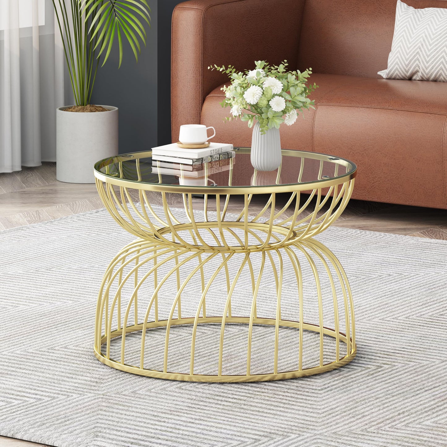 Rpuzonier 27.50" Round Glass Top Coffee Table for Living Room, Small Circle Gold Center Table with Hollow Lines, Hourglass Curved Lines Frame, Modern Sofa Side Table for Home, Office, Apartment