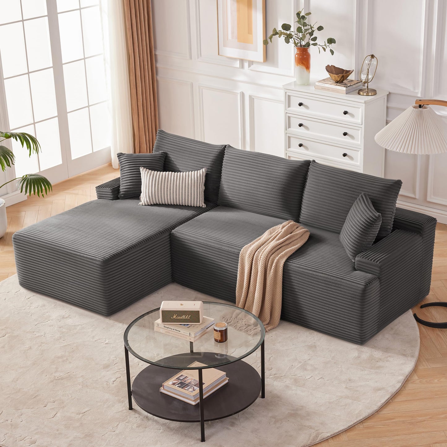 Mangodan Cloud Sectional Couch, Boneless Sofa for Living Room, Modular Sectional Sofa with Deep Seat, Fluffy Comfy Couch with L-Shaped Chaise, No Assembly Required, Dark Grey