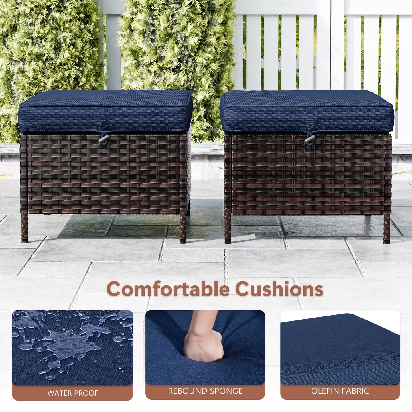 MaxMulti Patio Ottomans Set of 2, All-Weather Outdoor Wicker Ottoman with Thick Removable Cushion, 2 Piece Patio Footrest PE Rattan Ottomans for Garden, Porch, Poolside (Blue)