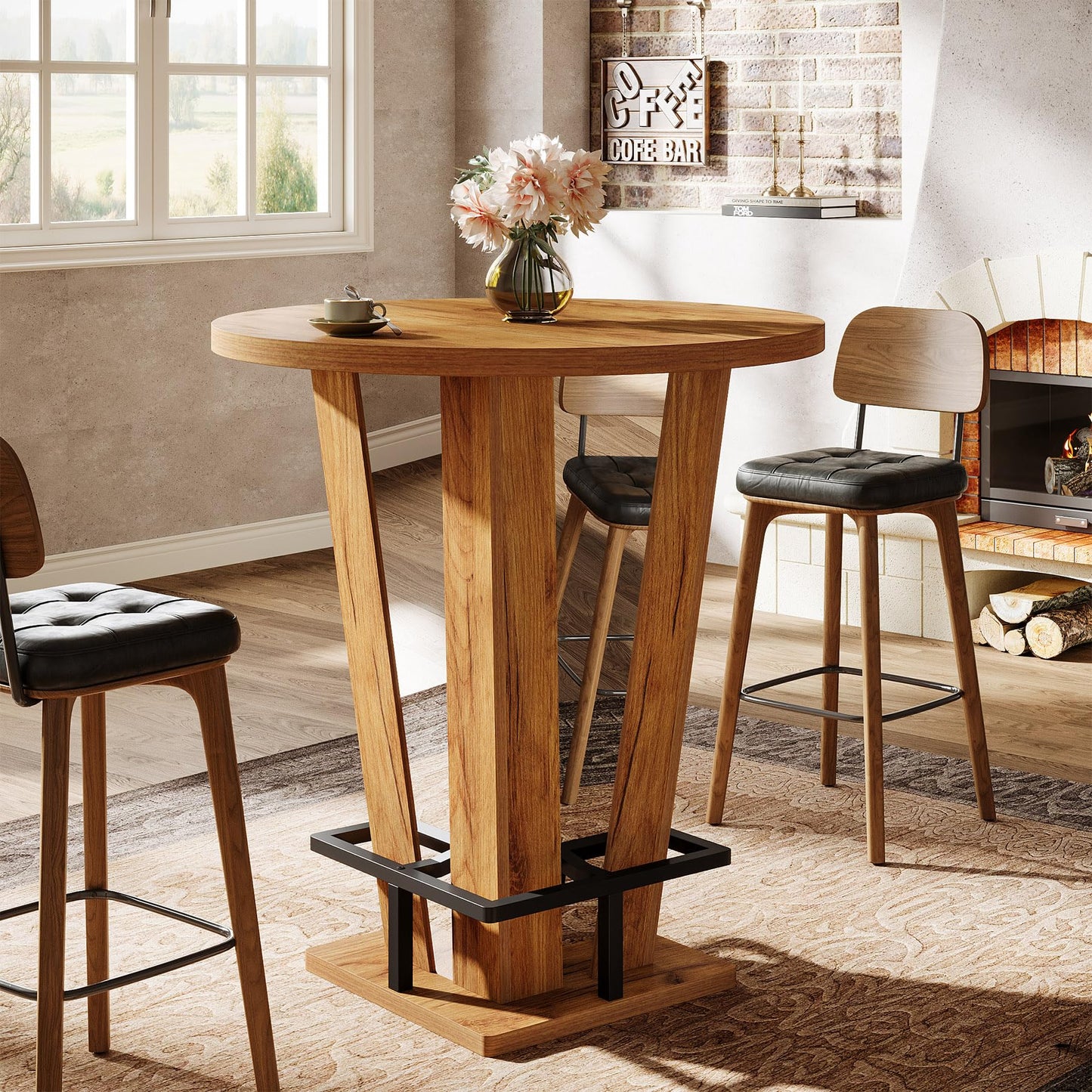 Tribesigns Round Bar Table, 39.4" H High Top Cocktail Bistro Pub Table with Metal Footrest for Living Room, Small Space (Only Table) (Brown)