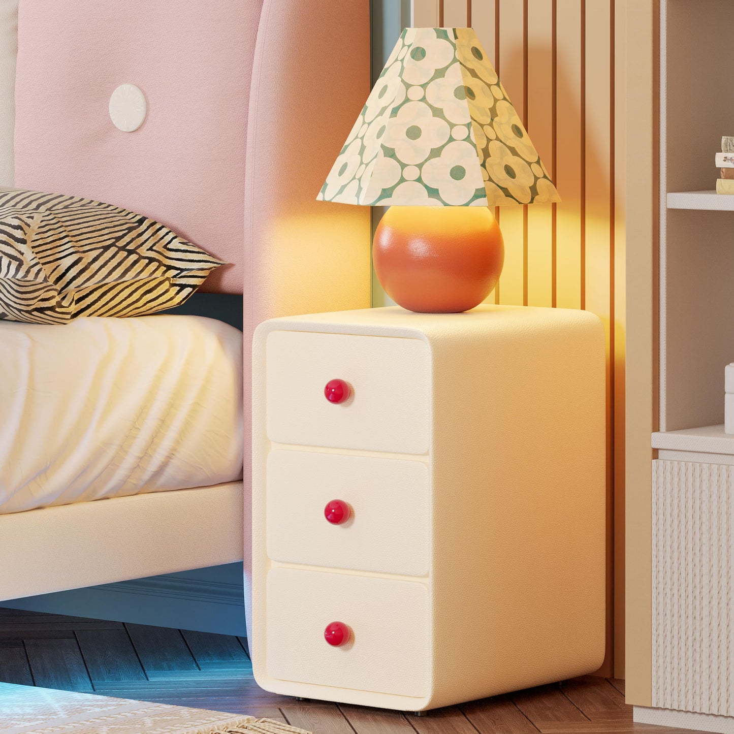LIKIMIO Modern Leather Nightstand, Narrow Beside Table with 3 Drawers and Silent Slides, Cream Style Small Side Table for Bedroom