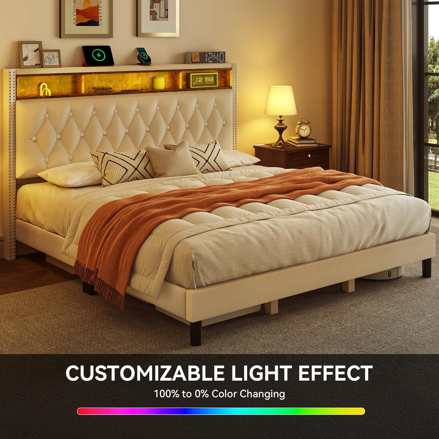 DWVO King Bed Frame with Upholstered Headboard, Platform Bed Frame with LED Lights & Charging Station, No Box Spring Needed, Beige