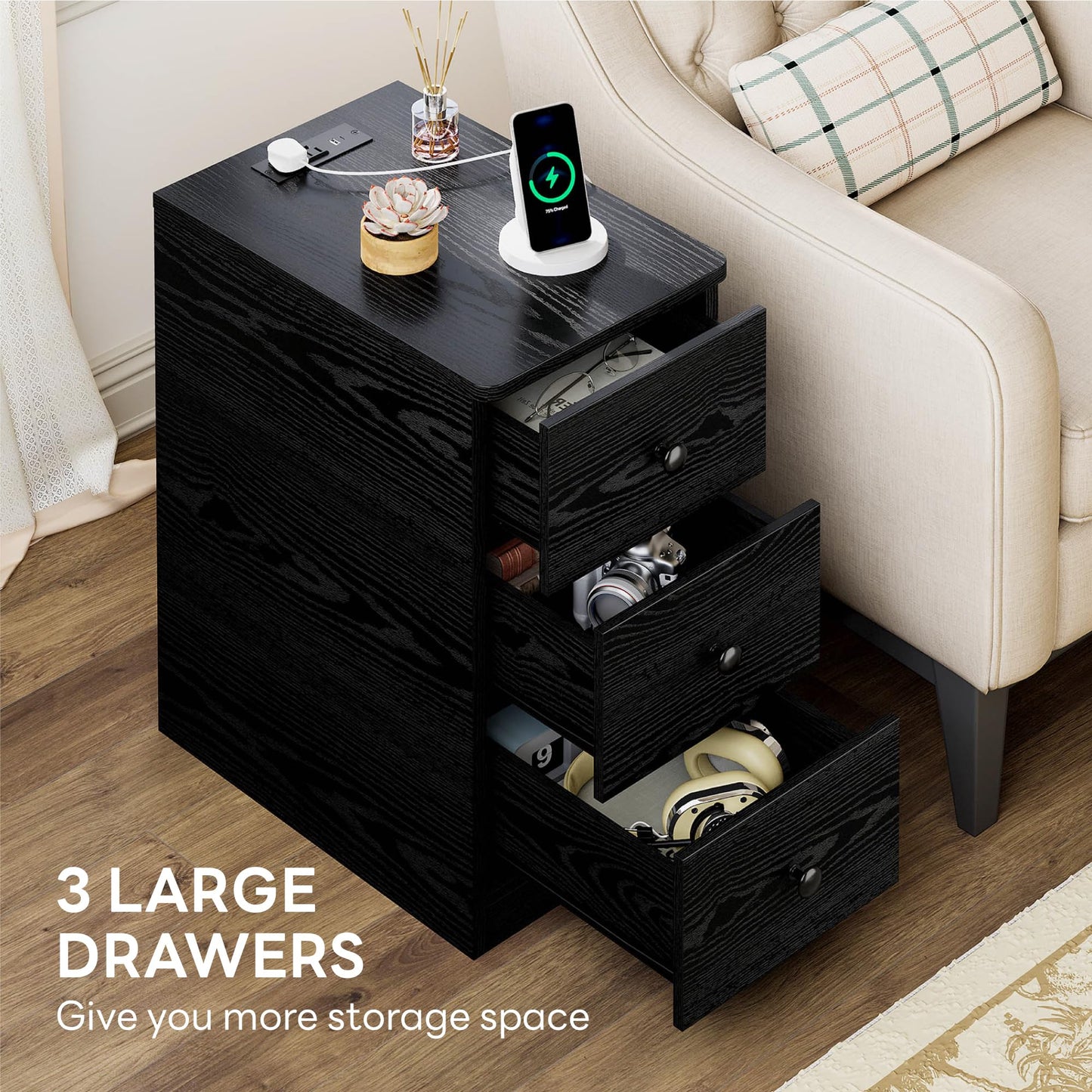LIKIMIO Nightstand with Charging Station, Narrow Bedside Table with 3 Drawers, End Table with USB Ports and Outlets, Side Table for Living Room/Bedroom Modern