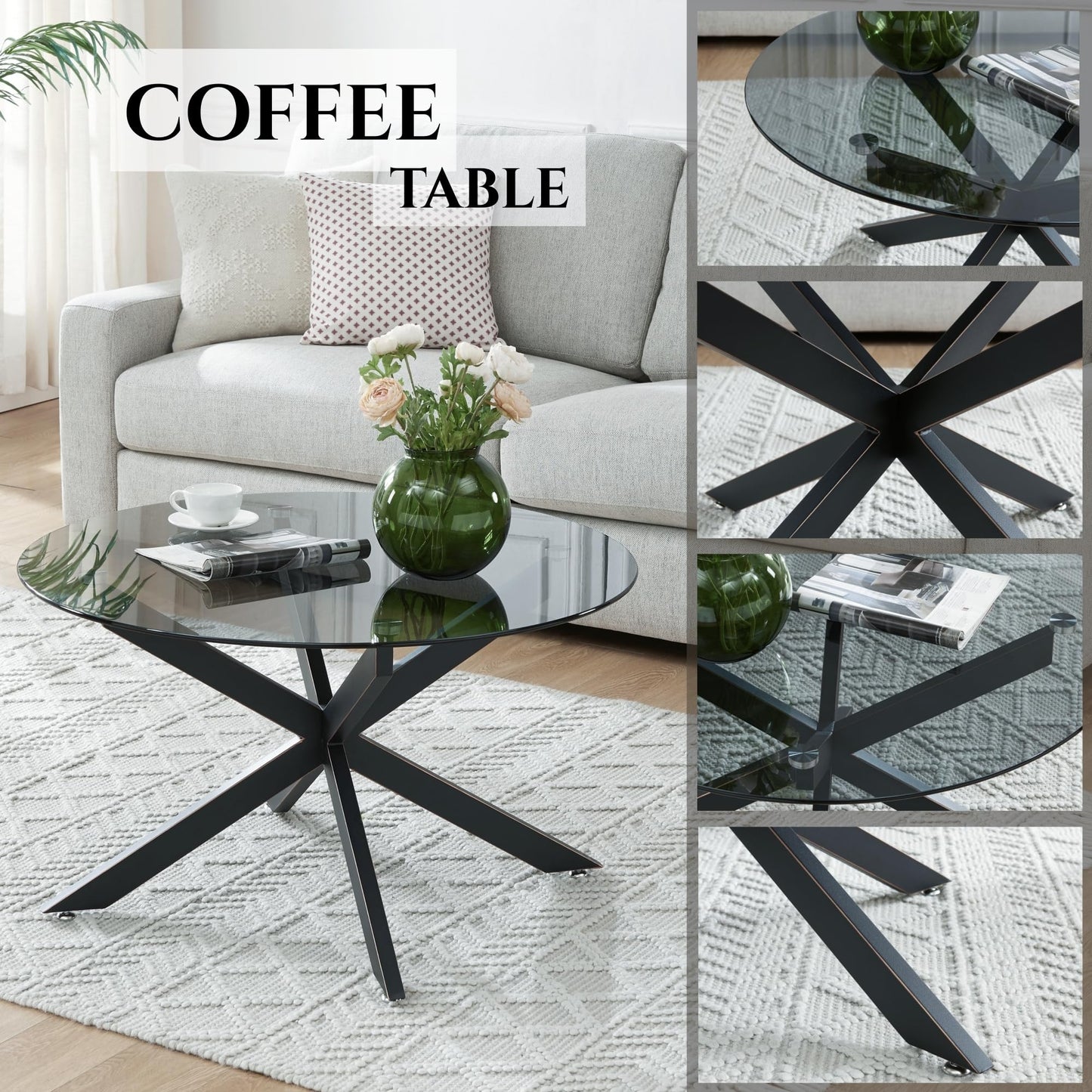 Round Glass Coffee Tables for Living Room, Home Office, Modern & Simple Center Table with Gray Tempered Glass Top, 35.5" Wx19.7 H Black