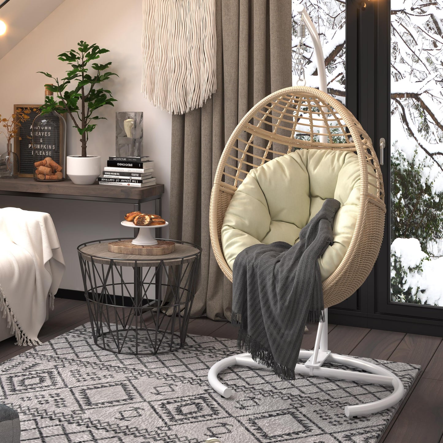 Erotr Egg Swing Chair with Stand: Hand Woven PE Rattan Hanging Chairs Hammock - Indoor Outdoor Swinging Lounger with Soft Cushion for 330lbs Patio Balcony Garden Living Room Bedroom Porch, Beige