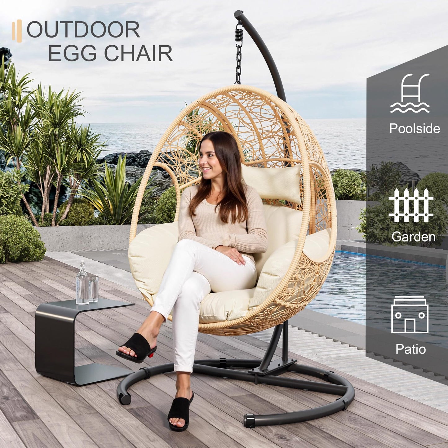 LUTINLIX Oversized Hanging Egg Chair Outdoor Indoor, Wicker Swing Egg Chair with Stand 400lbs Capacity for Bedroom, Patio, Garden and Balcony (Beige-nest, Oversize)