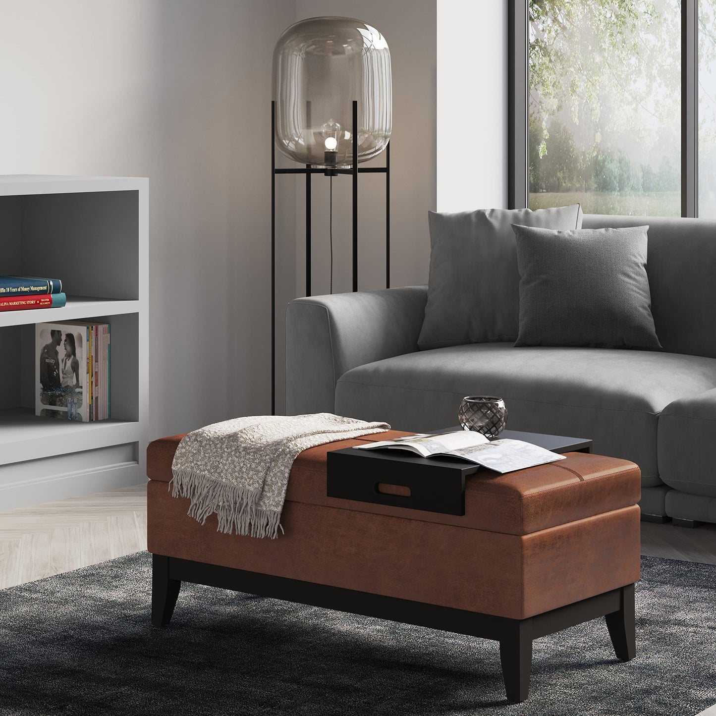 SIMPLIHOME Oregon 42 inch Wide Transitional Rectangle Storage Ottoman Bench with Tray in Distressed Saddle Brown Vegan Faux Leather, Assembled, For the Living Room, Entryway and Family Room