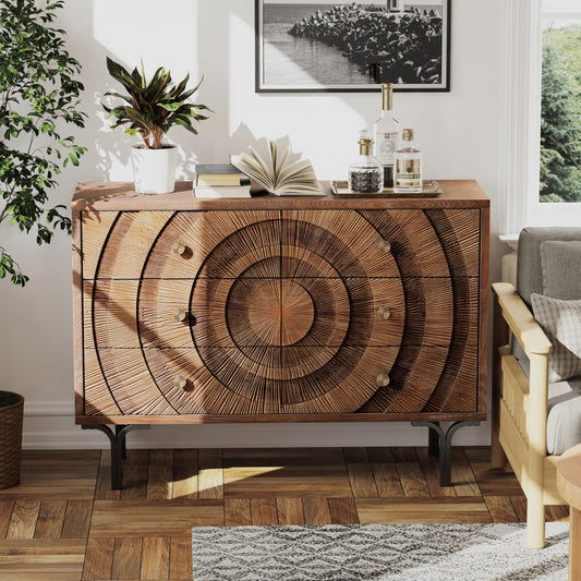 Aoikax Farmhouse 6-Drawer Dresser, Accent Wooden Chest of Drawers with Circle Pattern and Radioactive Wood Lines,Accent Storage Dresser for Living Room, Bedroom, Brown