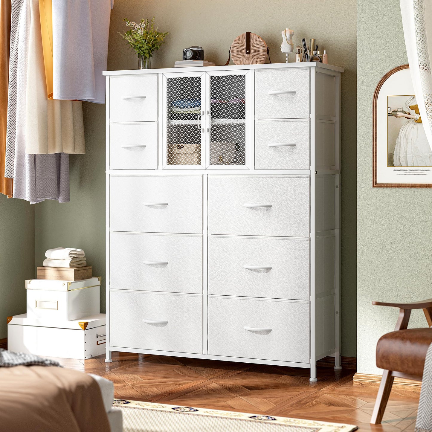 Romorgniz White Dressers for Bedroom with 10 Drawers, Tall Dressers & Chests of Drawers with Large Metal Mesh Door, Closet, Hallway 48.2" H x 38.1" W x 11.8" D