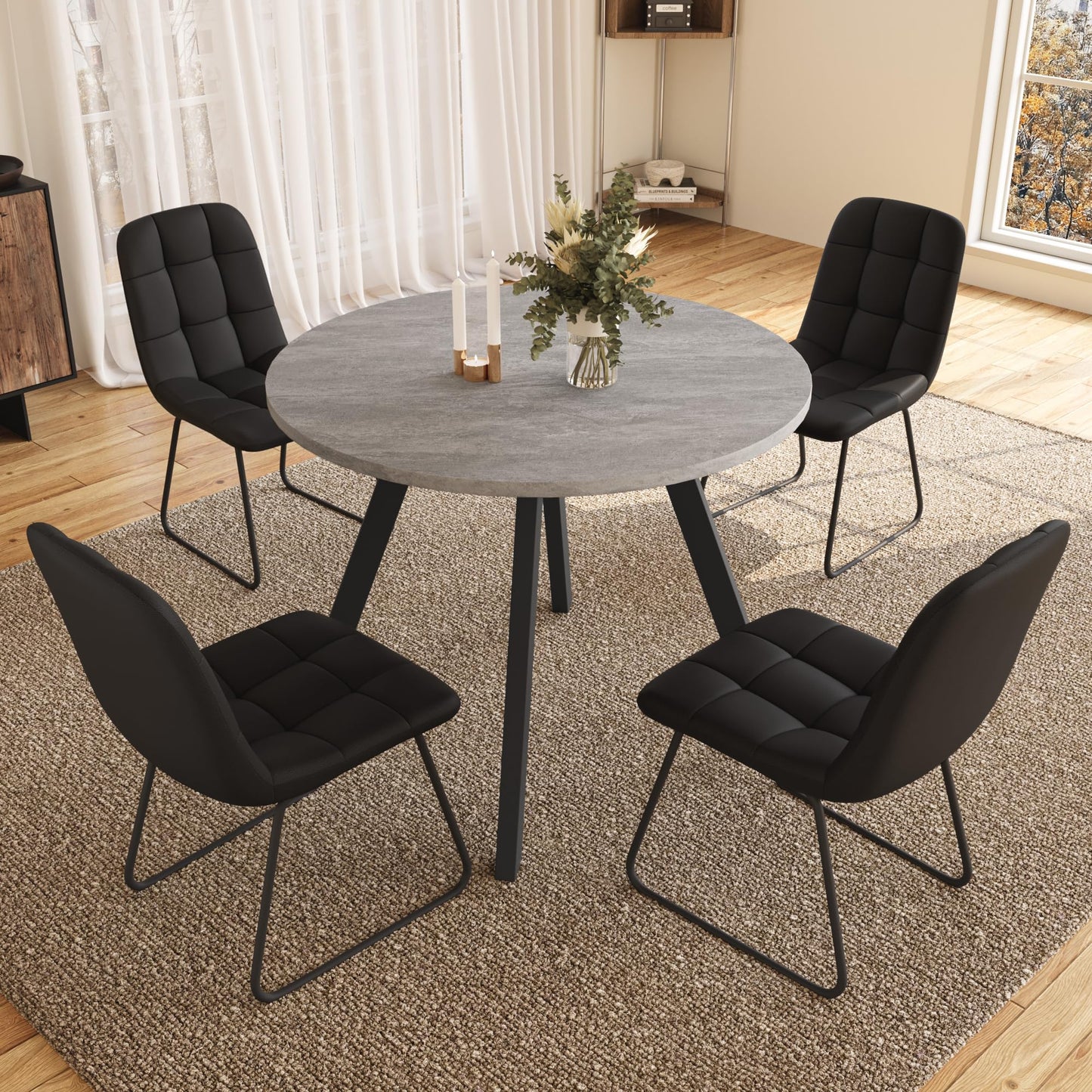 Zerifevni 34.6'' Dining Table and Chairs for 4, Mid Century Modern Round Table Set, Space Saving for Apartment Kitchen Dining Room (Grey Table+4 U-Shaped Black Chairs)