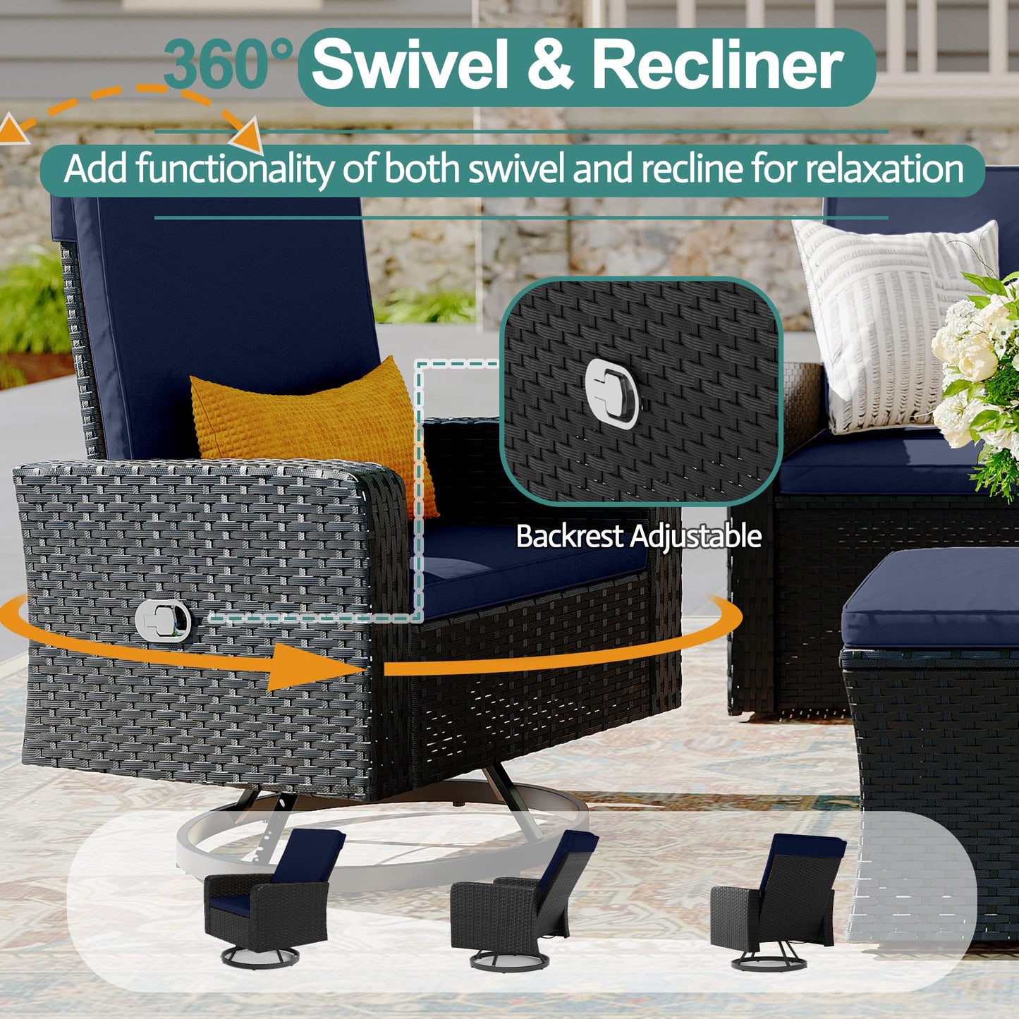 QUYZE 6 Piece Patio Furniture Set, Wicker Patio Conversation Sets with Swivel & Recline Chairs, Outdoor Sectional Sofa Sets with 2 Storage Ottoman, Outdoor Patio Recline Set for Backyard
