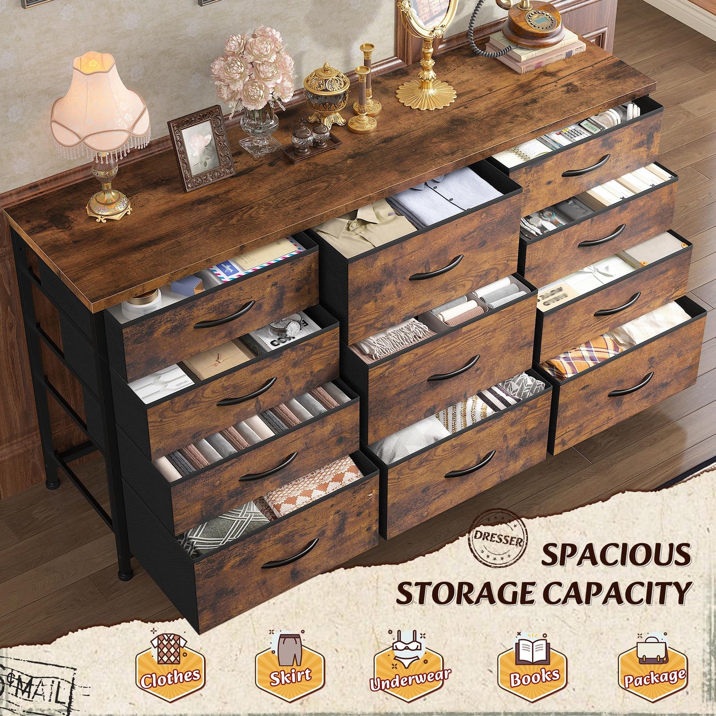 Romorgniz Dresser for Bedroom with 11 Fabric Drawers, Dresser TV Stand for 50, 55 Inch TV, Sturdy Storage Dressers & Chests of Drawers for Closet, Entryway (Rustic Brown)