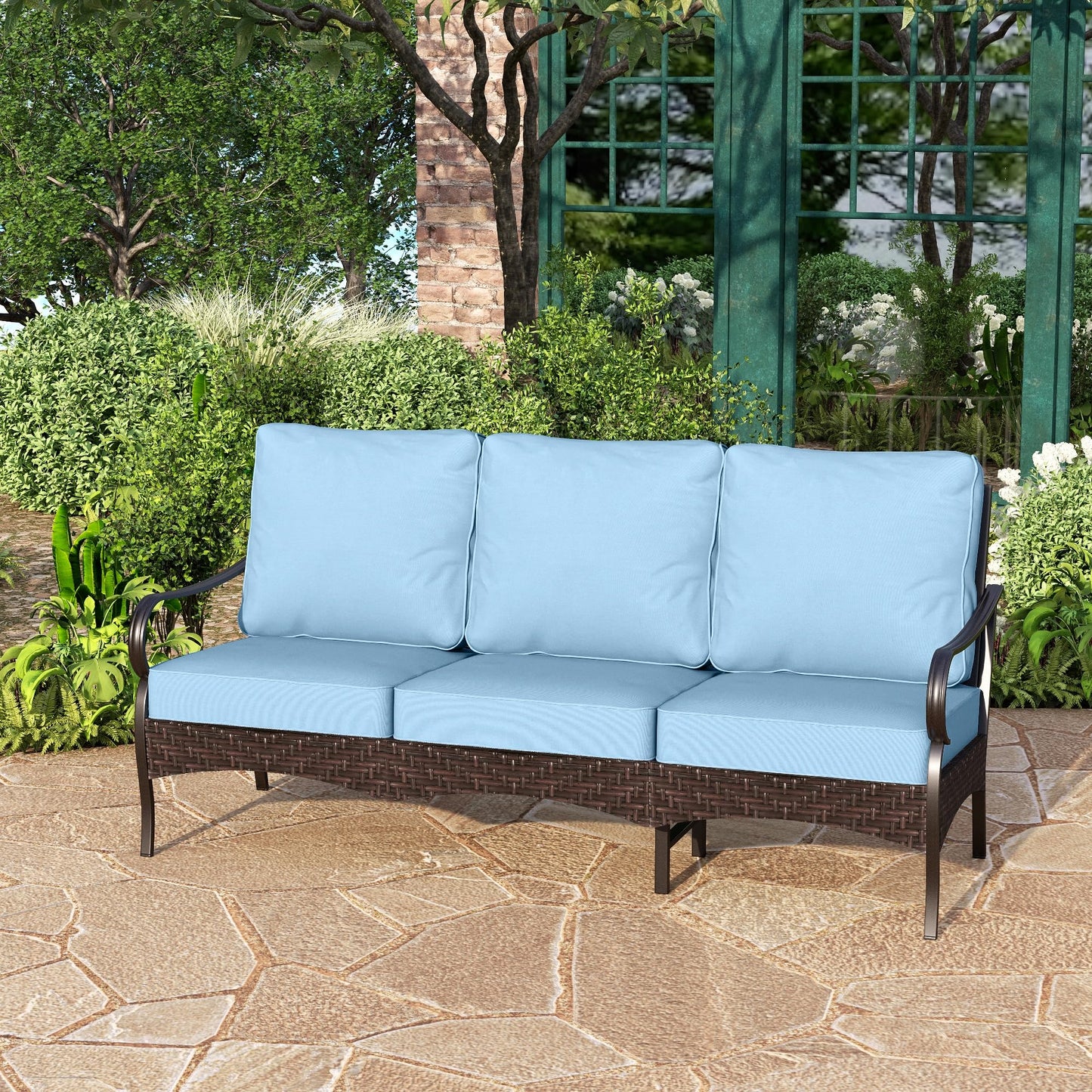 PHI VILLA Wicker & Metal Outdoor Patio Couch,3-Seat Patio Sofa with Deep Seating for Front Porch, Deck, Balcony, Backyard, Sunroom,Blue