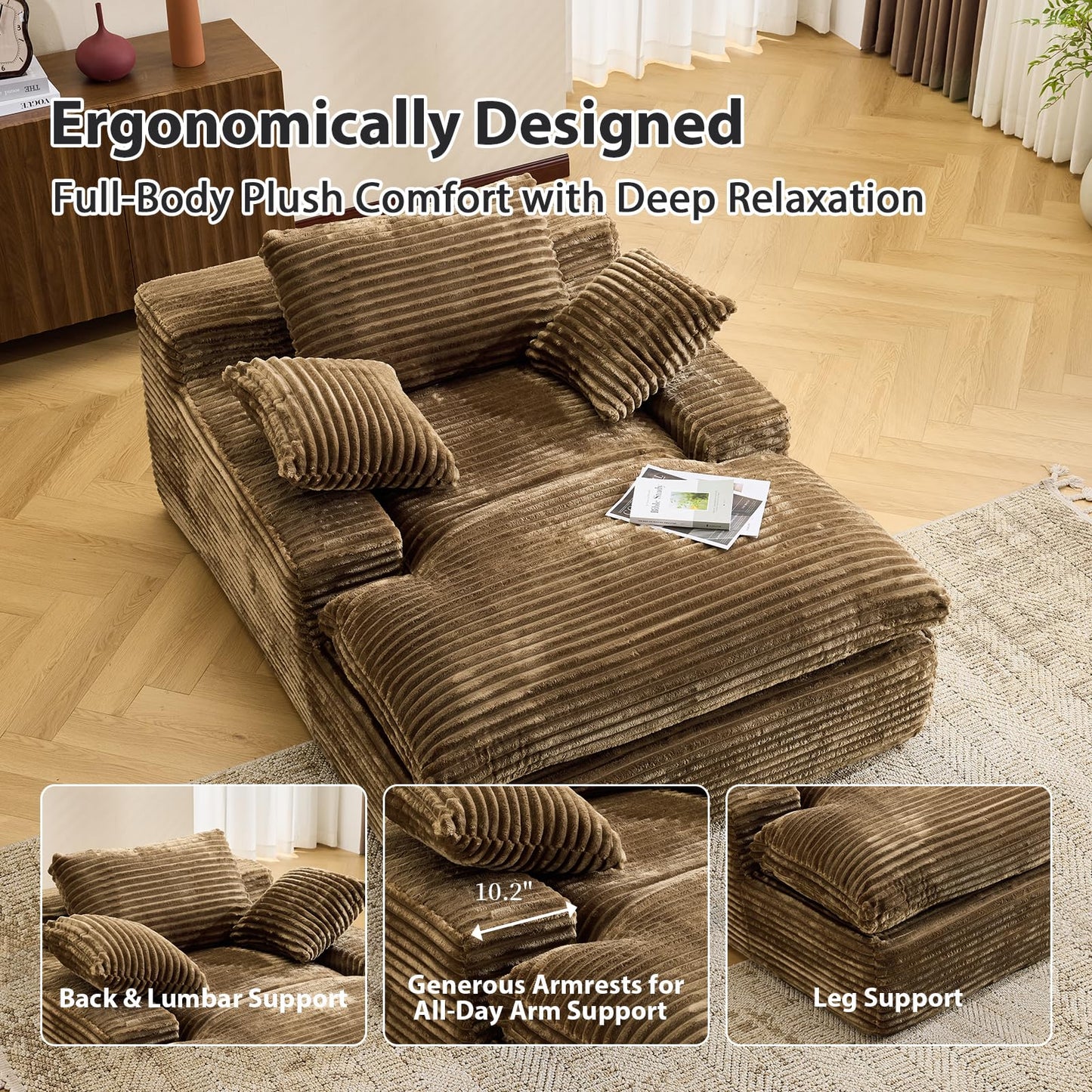 67" Boneless Chaise Lounge Chair Indoor, Oversized Corduroy Upholstered Sofa Bed, Deep Seat Sleeper Couch Reading Chairs Cloud Sofas Couches for Living Room Bedroom, No Assembly Required, Brown
