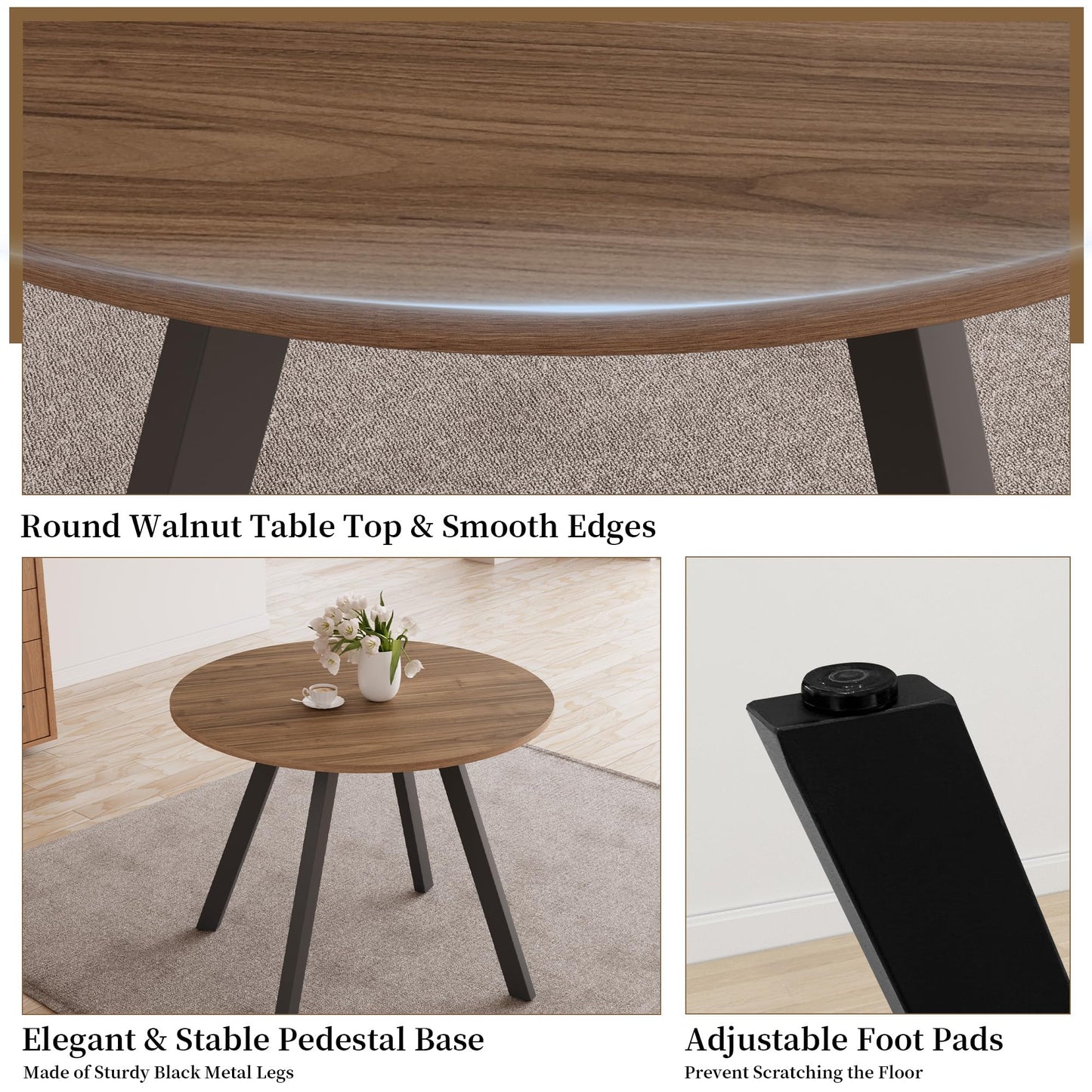 Zerifevni 34.6'' Round Dining Table and Chairs for 4 Space Saving for Apartment Kitchen Dining Room (Walnut Table+4 Black Chairs)