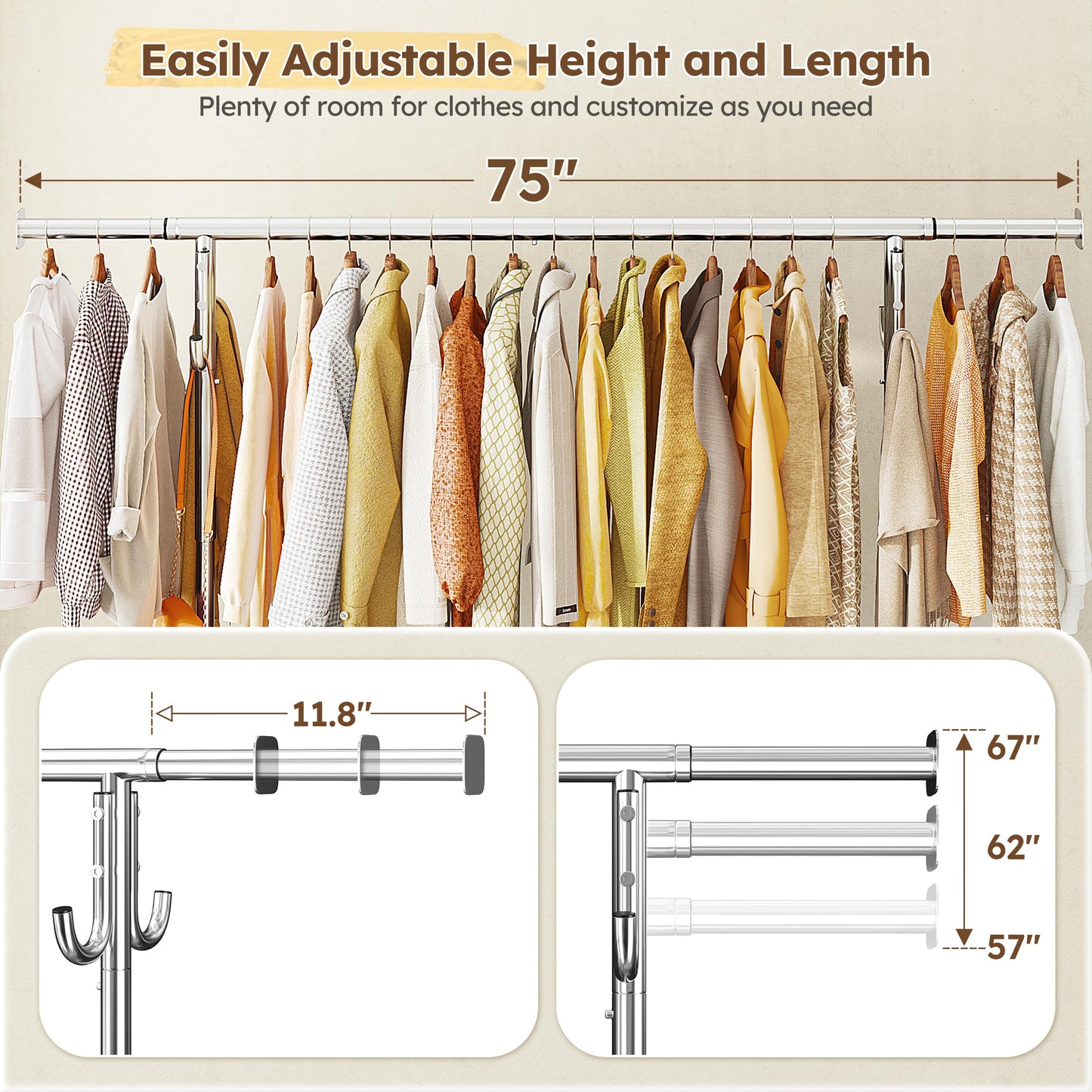 Raybee Clothes Rack Holds 300 Items of Clothing, Clothing Racks for Hanging Clothes, Rolling Garment Rack with Sturdy Wheels & Shelf, Portable & Adjustable, Chrome