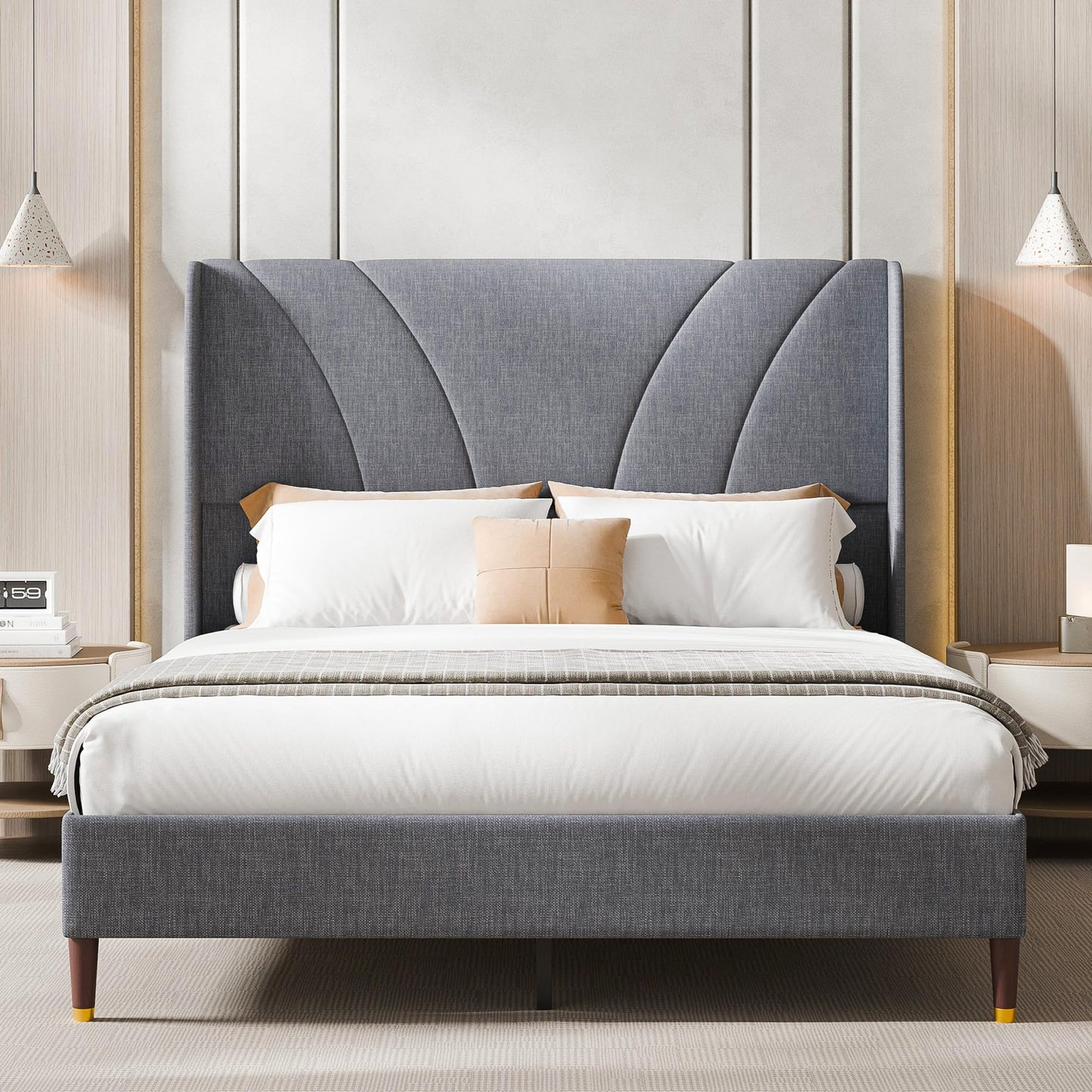Cozy Castle Queen Bed Frame with 51.2" Tall Curved Wingback Headboard, Linen Upholstered Platform Bed, Soft Fabric/Noise-Free/Wooden Slats Support/No Box Spring Needed/Easy Assembly, Gray