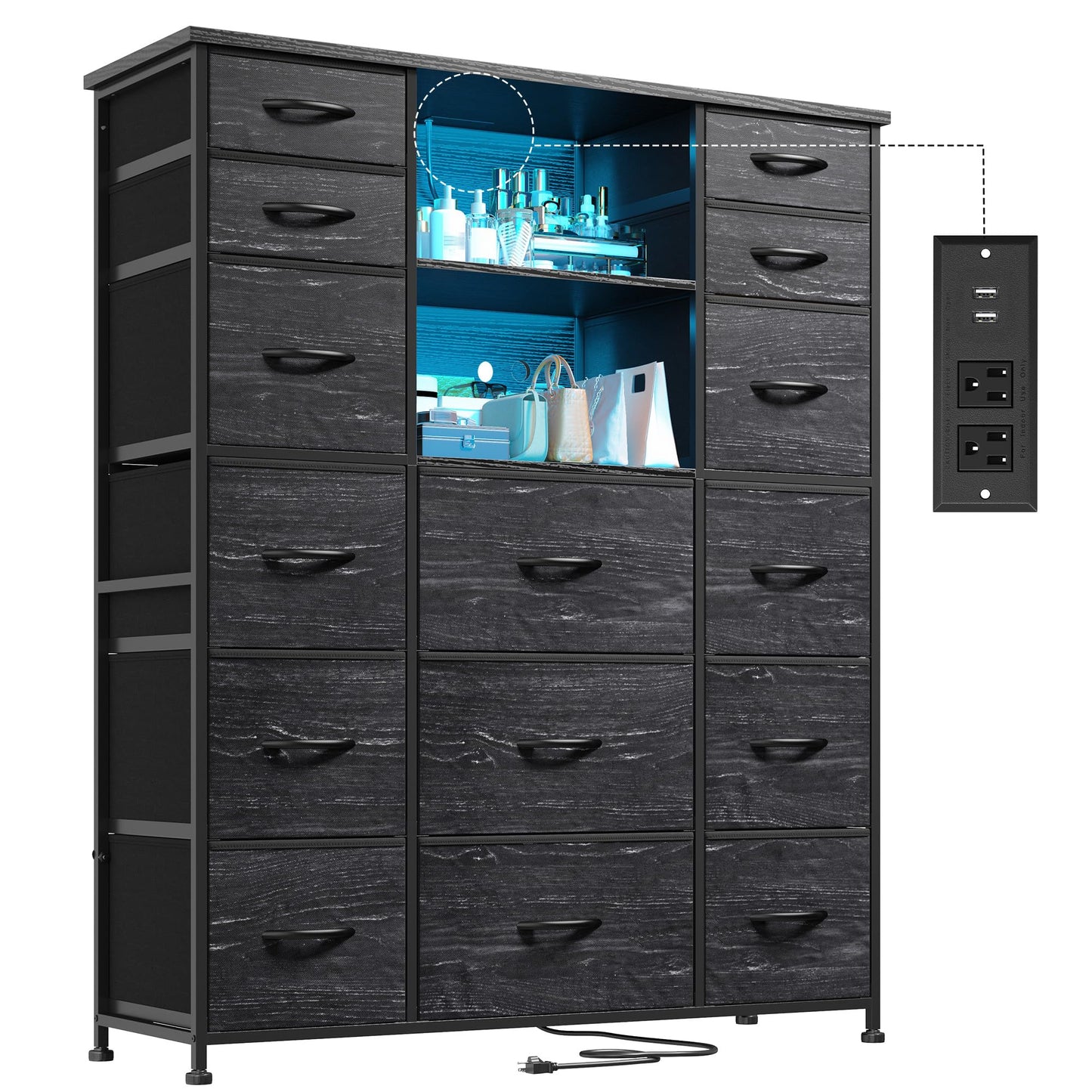 EnHomee 51" H Tall Dresser with 15 Drawers Dresser for Bedroom with Charging Station & LED Lights & Hutch Sturdy Black Bedroom Dressers, Steel Frame, Wood Top, 51.2" H x 39.3" W x 11.8" D