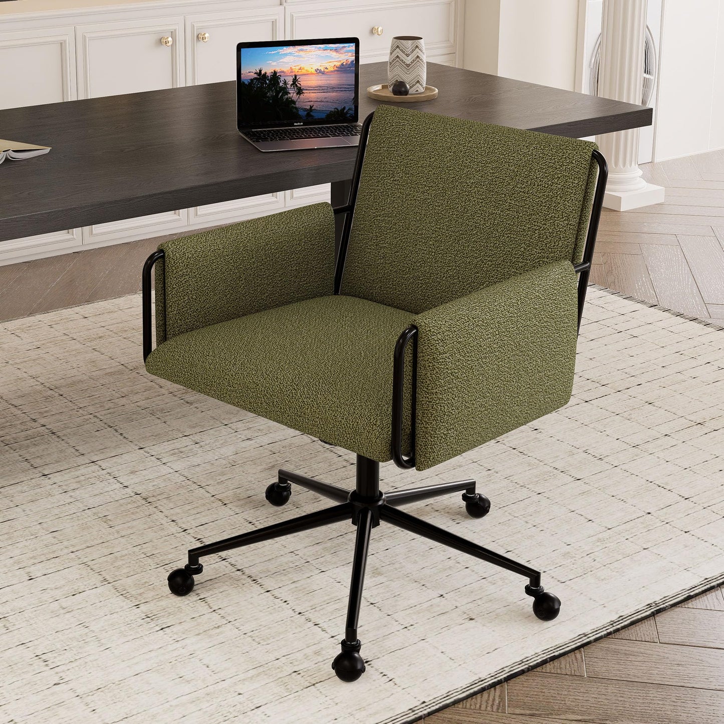 YOUTASTE Wide Office Chair with Wheels, Comfy Modern Rolling Swivel Desk Chair with Green Bouclé Fabric, Backrest, Armrests, 300 lbs Capacity, Ideal for Makeup Vanity, Computer, Study & Bedroom