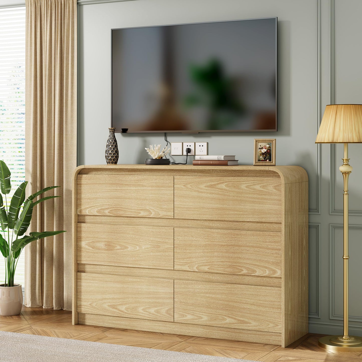 Furniouse Modern Dresser 6 Large Storage Drawers for Clothes Organizer, Modern Chest of Drawers for Closet, 47" Long Curved Profile Design Mid Century Dresser for Bedroom,Living
