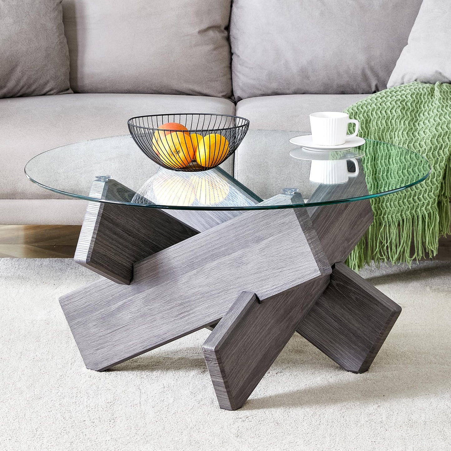Gray Round Glass Coffee Table,33-Inch Small Modern for Living Room Clear Circle Accent Table Adapts to Farmhouse and Contemporary Decor