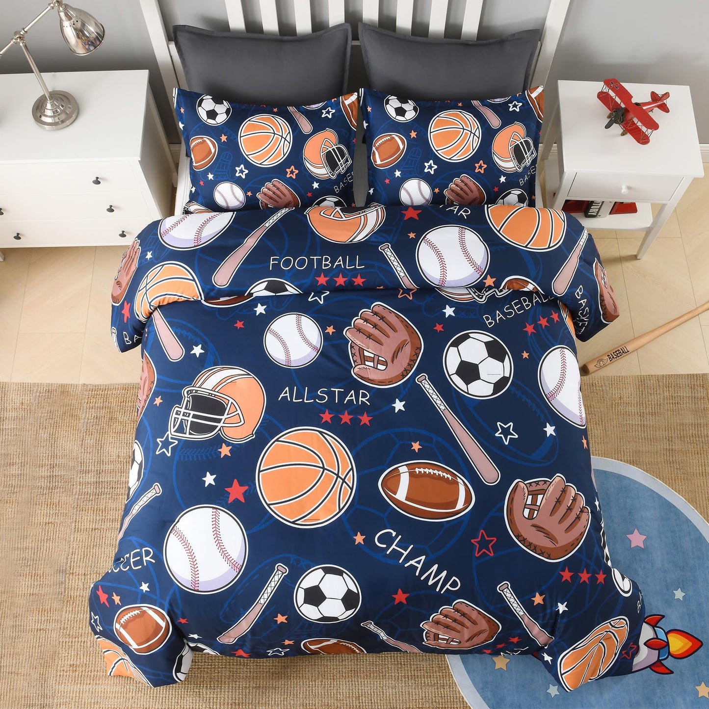 Andency Cartoon Ball Games Comforter Queen(90x90 Inch), 3 Pieces(1 Comforter, 2 Pillowcases) Soccer Basketball Baseball Football Comforter Set Sport Microfiber Bedding Set for Boys Girls Kids Teens