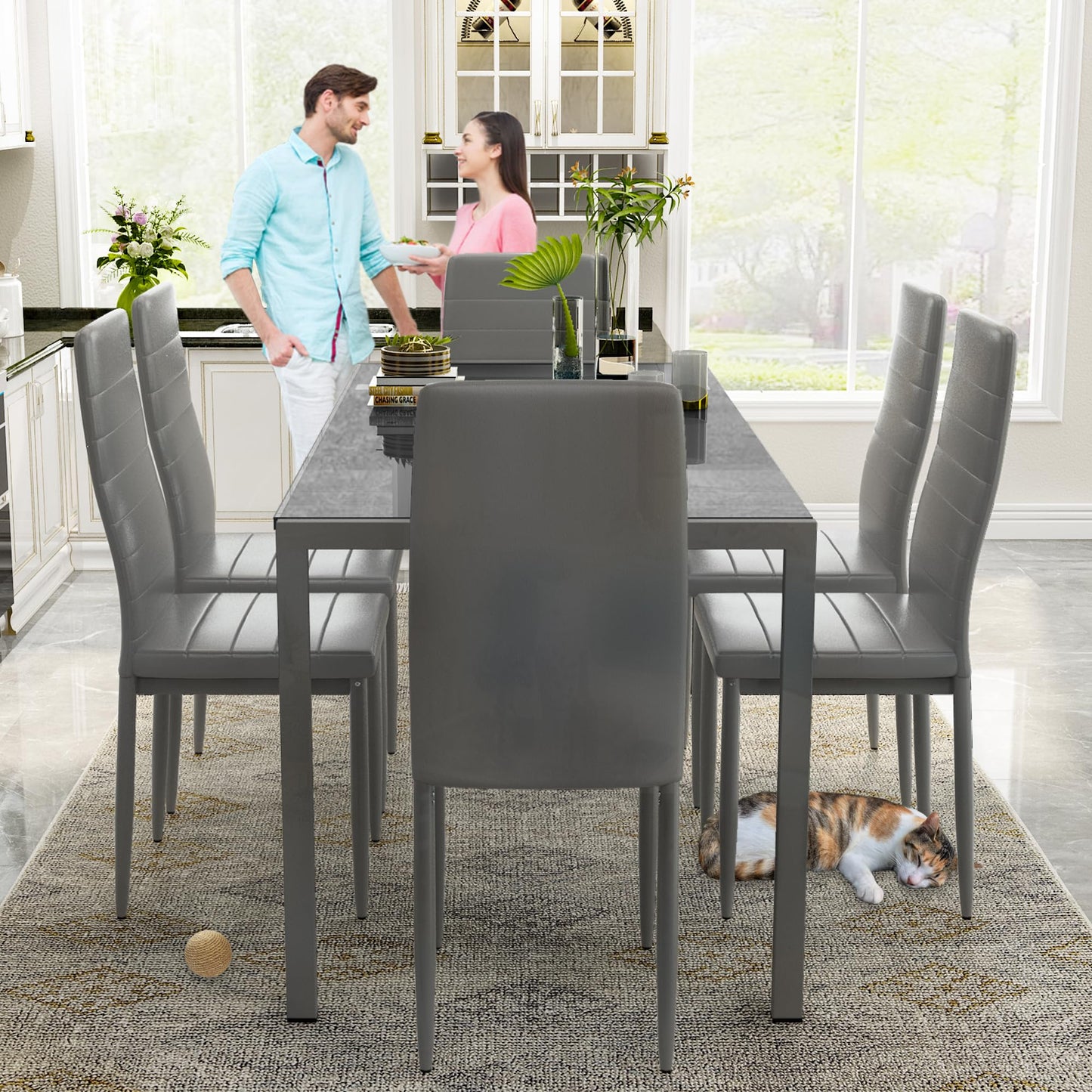 Recaceik Glass Dining Table Sets for 6, 7 Piece Kitchen Table and Chairs Set for 6 Person, Tempered Glass Table and PU Leather Chairs Modern Dining Room Sets for Small Space