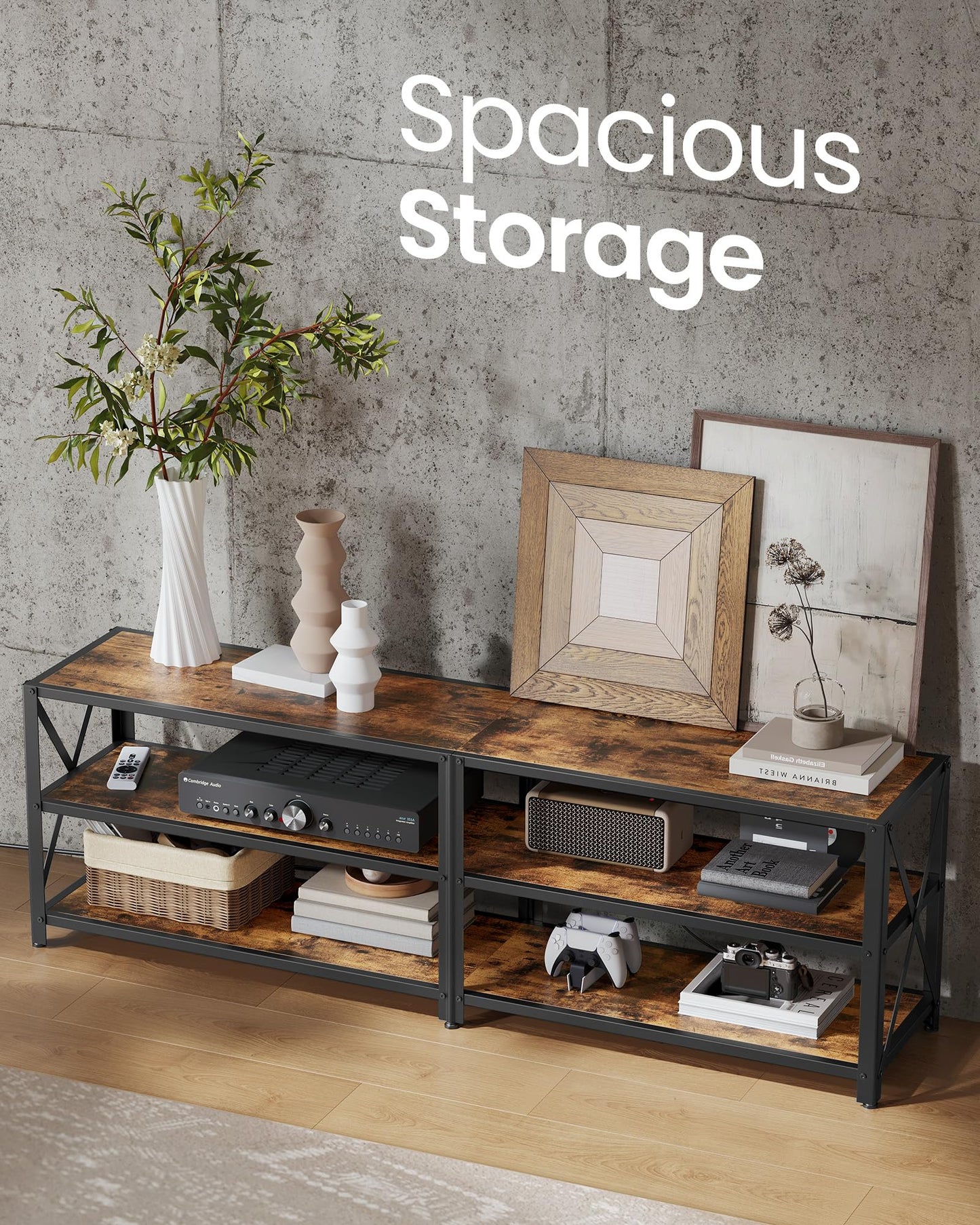 VASAGLE TV Stand with Power Outlets and LED Lights, for TVs up to 65 Inches, Entertainment Center with Open Storage Shelves, TV Console Table for Living Room, Rustic Brown and Ink Black ULTV118K01