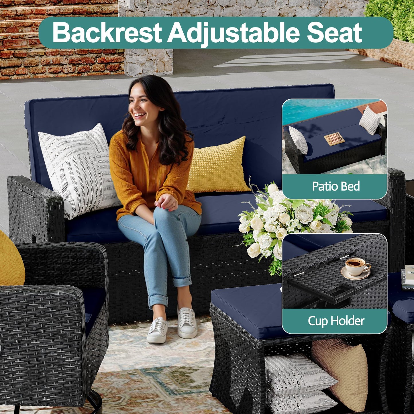 QUYZE 6 Piece Patio Furniture Set, Wicker Patio Conversation Sets with Swivel & Recline Chairs, Outdoor Sectional Sofa Sets with 2 Storage Ottoman, Outdoor Patio Recline Set for Backyard