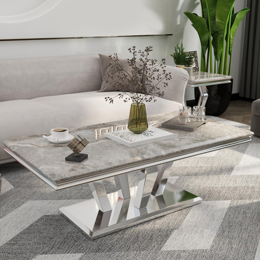 Asday Silver Gray Coffee Table with Four Metal Geometric Legs and 48‘’ High Gloss Top for Living Room, Office, Reception Room