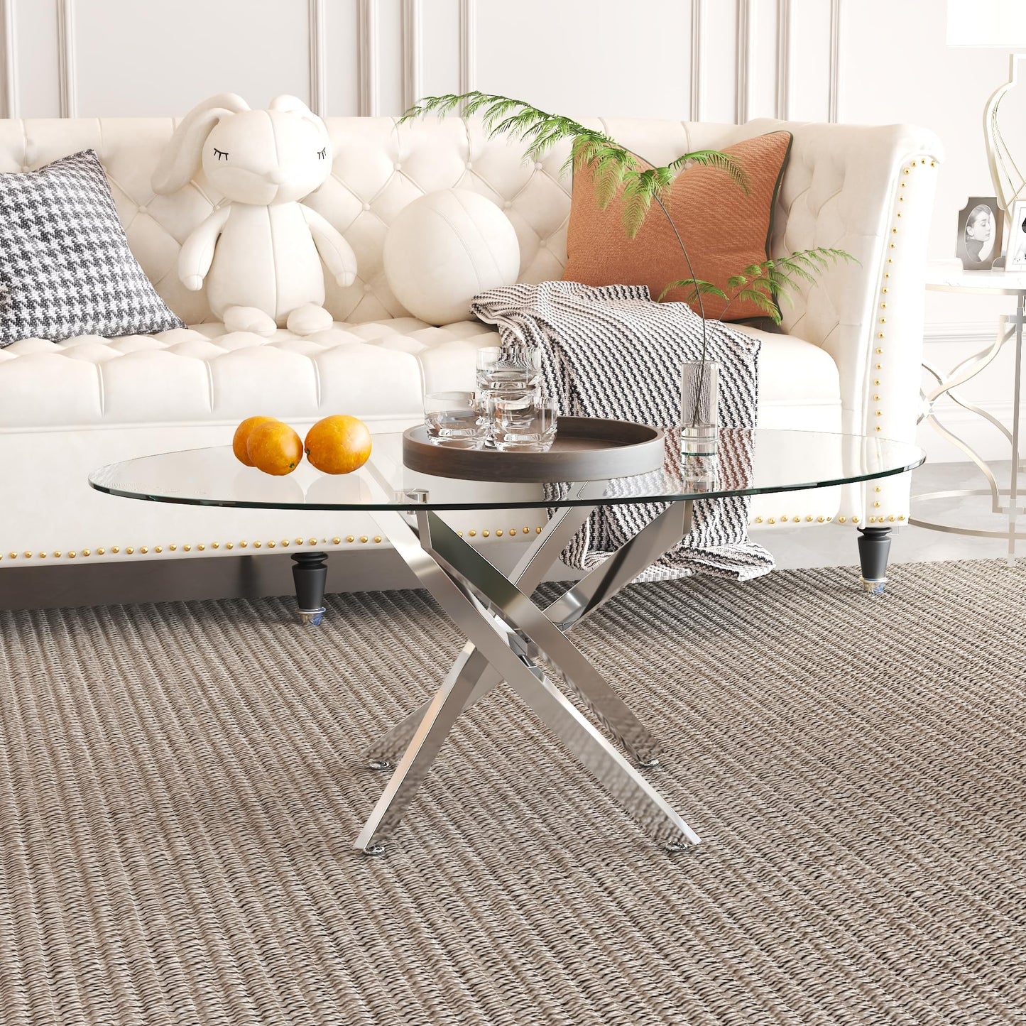 NIERN Glass Coffee Table with Chromed Legs, Oval Modern Living Room Center Table for Home Office Living Room (Silver)