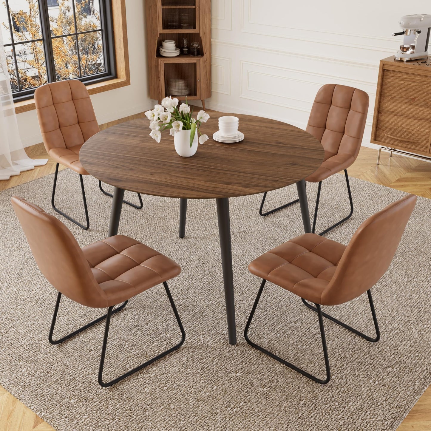 HIPIHOM 43.3 Inch Round Dining Table Set for 4, Modern Small Kitchen Coffee Set for Dining Room Kitchen Apartment (Walnut Table+4 U-Shaped Brown Chairs)