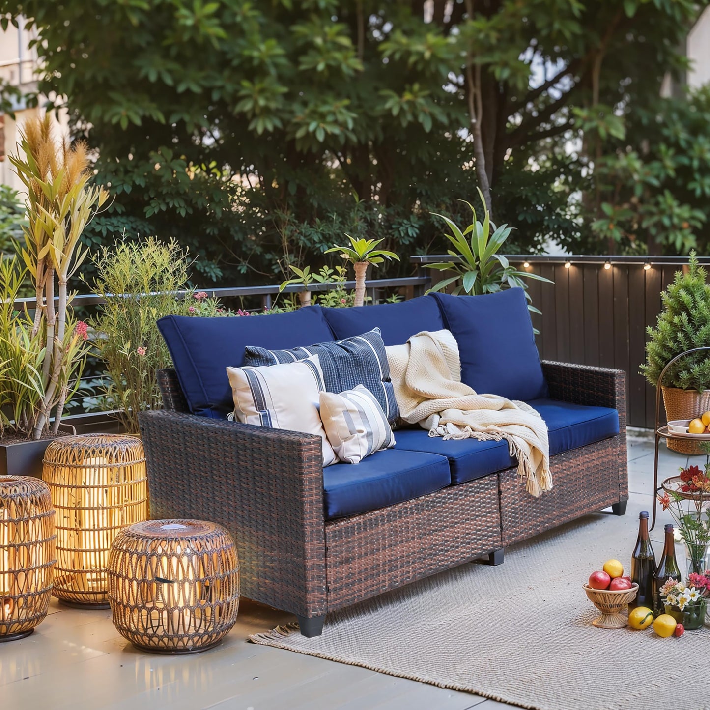 EortheX Outdoor Patio Sofa, 3-Seat Rattan Wicker Couch for Garden Deck or Porch, Comfortable All-Weather Patio Furniture with Anti-Slip Cushions (Blue)